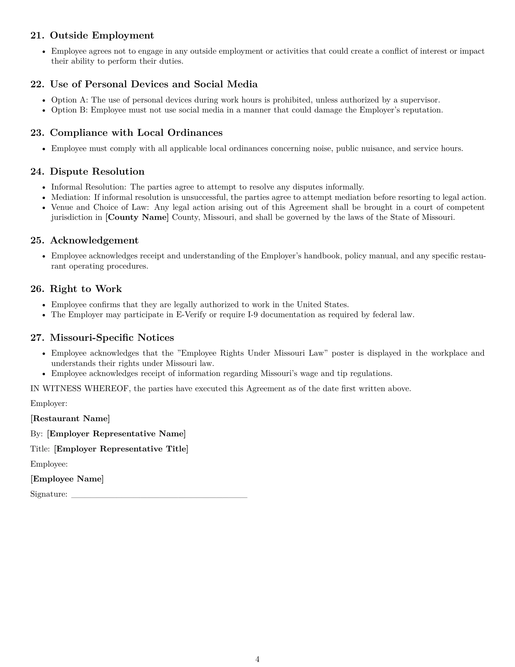 Preview page 4 of Free Missouri restaurant server employment contract template