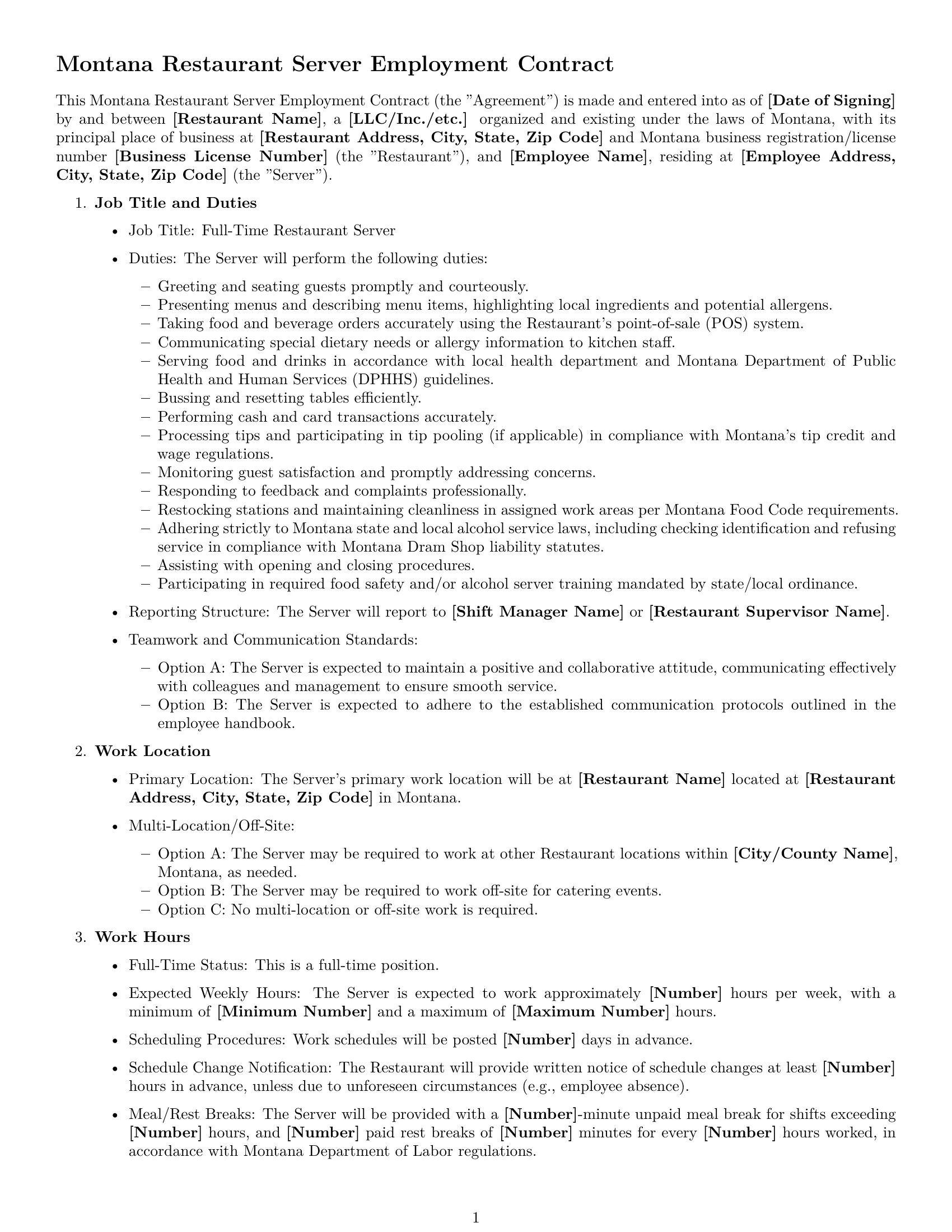 Preview page 1 of Free Montana restaurant server employment contract template