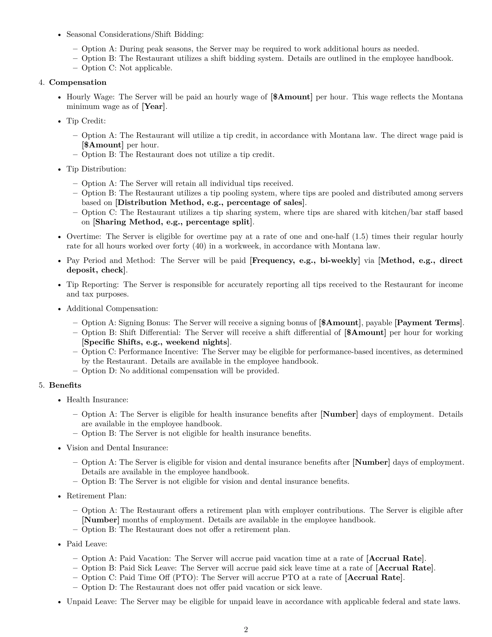 Preview page 2 of Free Montana restaurant server employment contract template