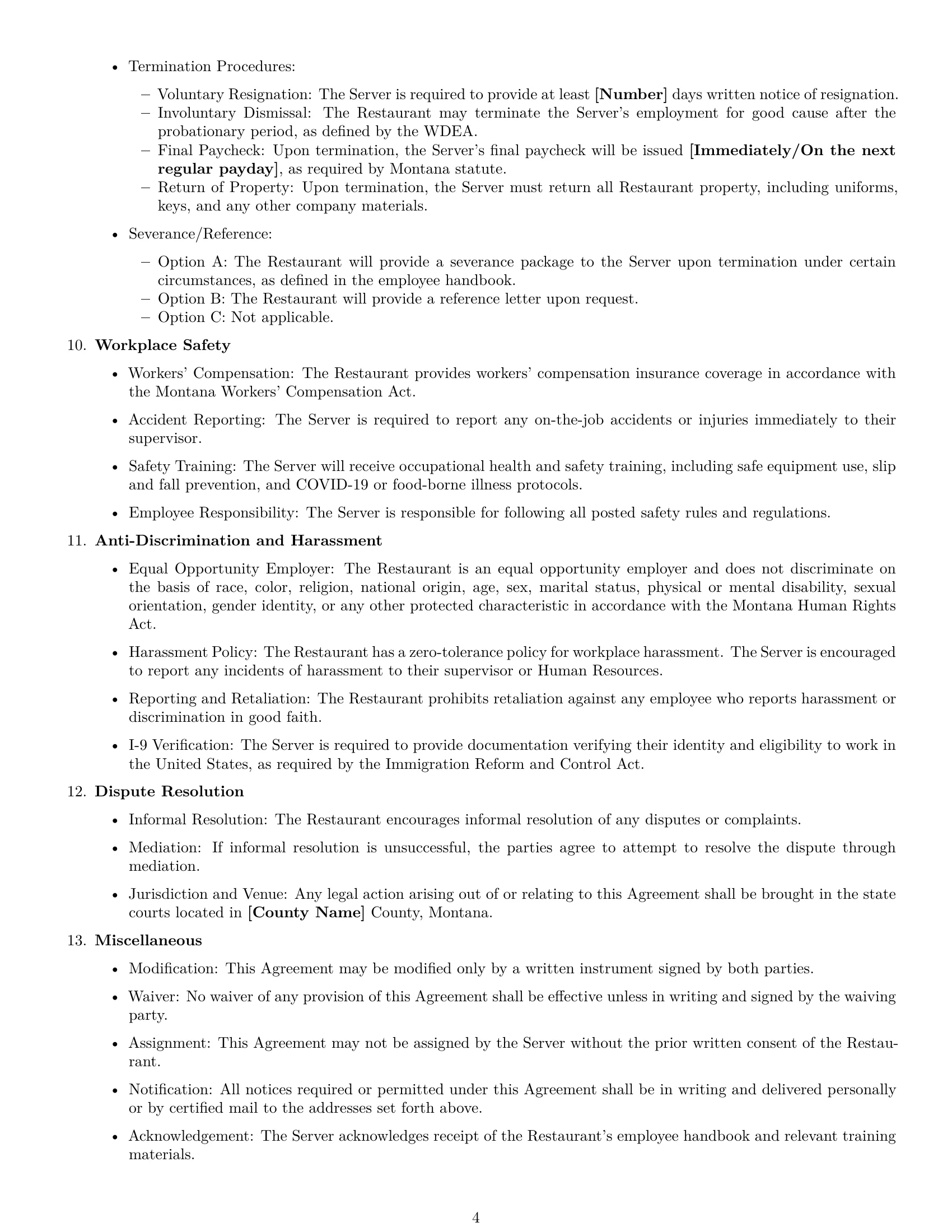 Preview page 4 of Free Montana restaurant server employment contract template