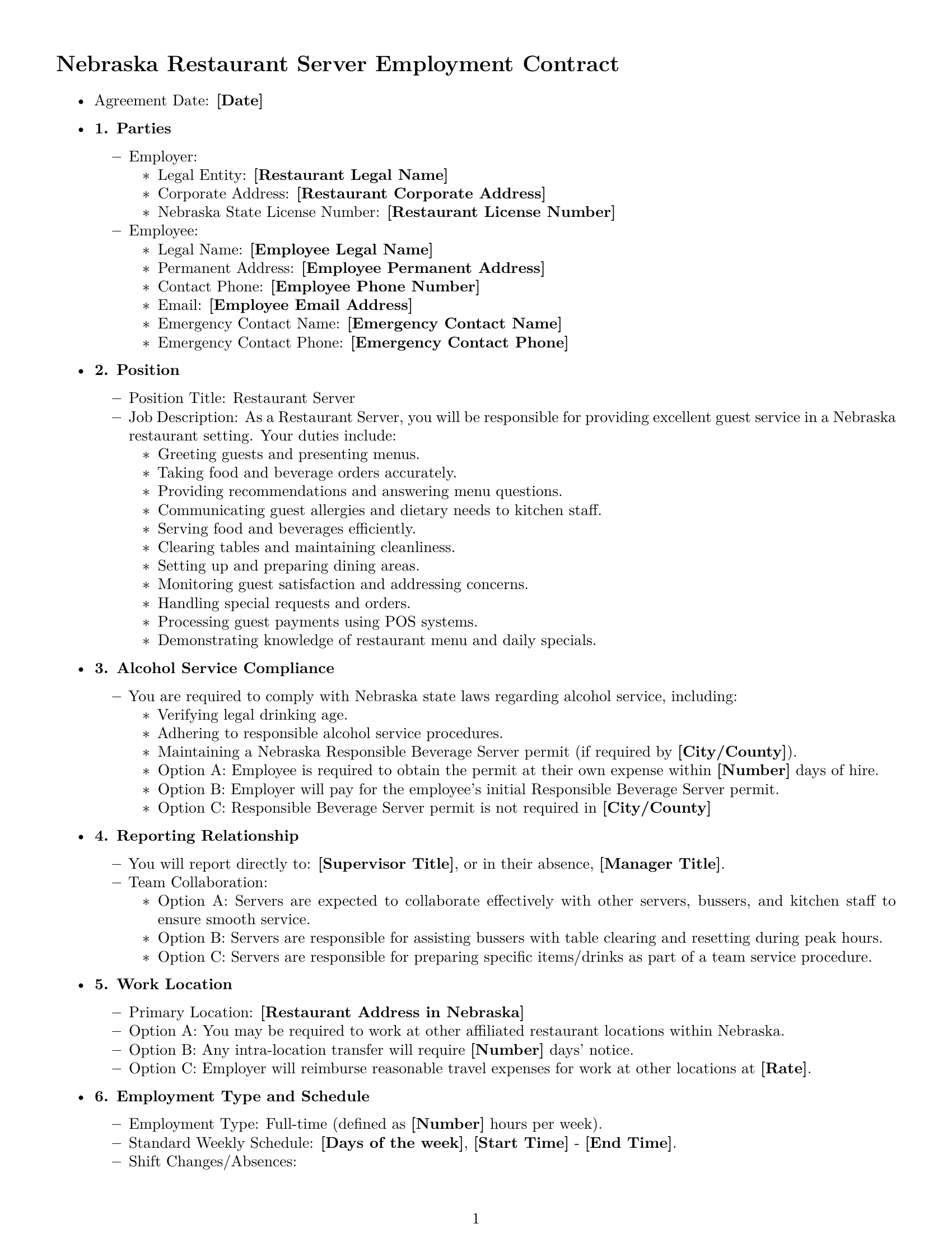 Preview page 1 of Free Nebraska restaurant server employment contract template