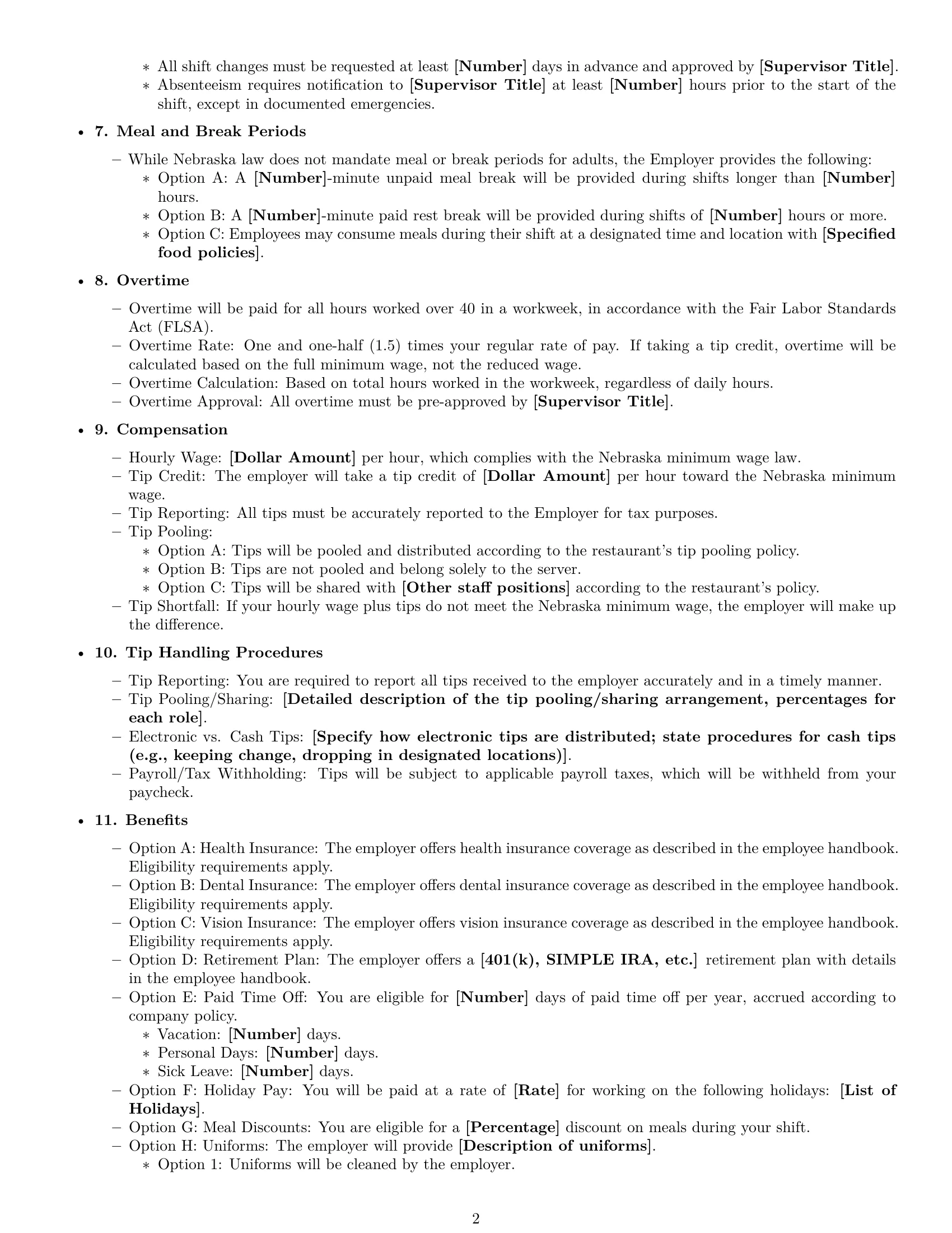 Preview page 2 of Free Nebraska restaurant server employment contract template