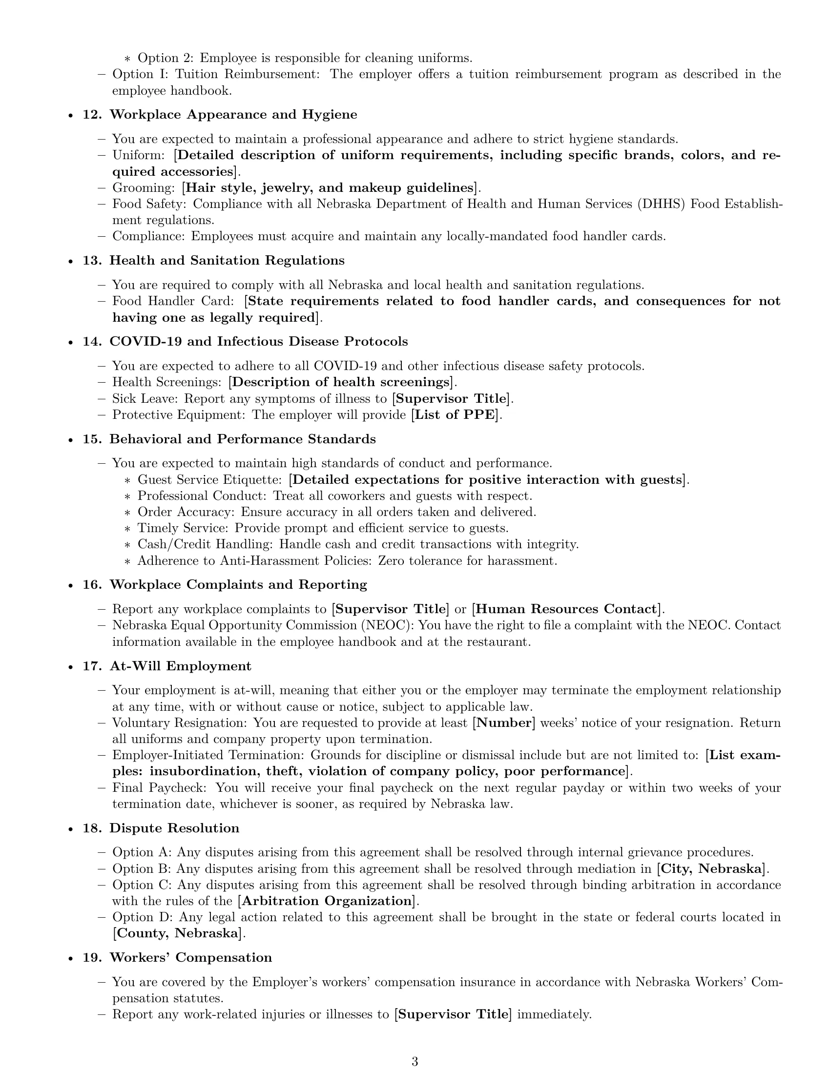 Preview page 3 of Free Nebraska restaurant server employment contract template