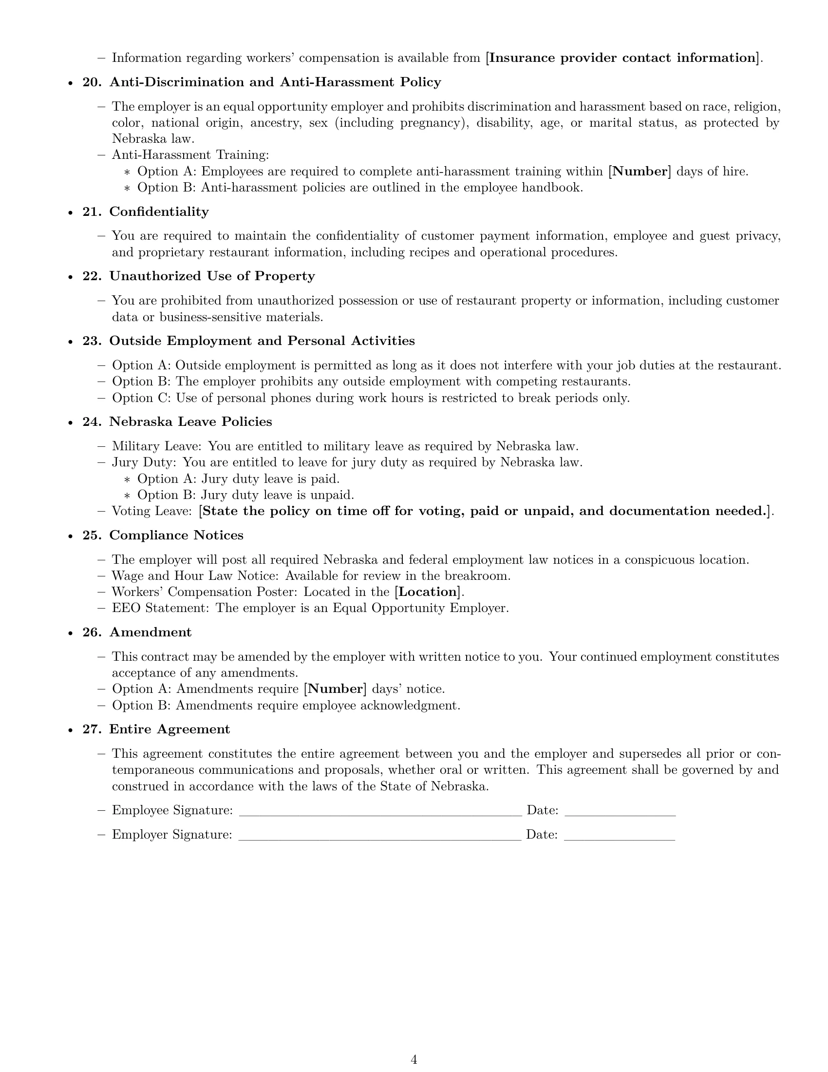 Preview page 4 of Free Nebraska restaurant server employment contract template