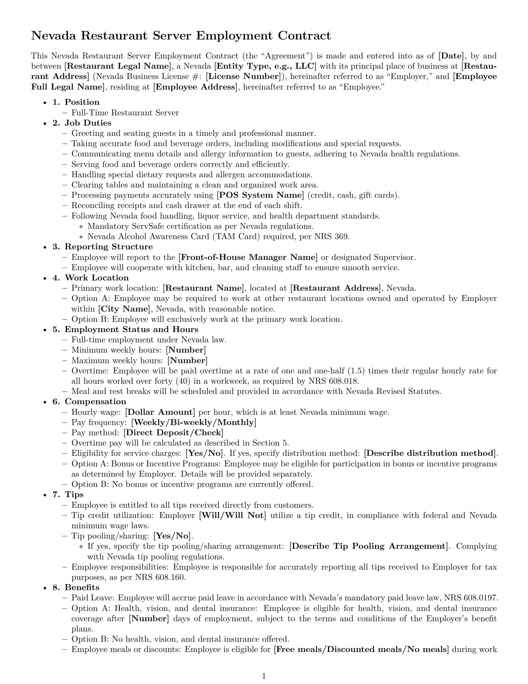 Preview page 1 of Free Nevada restaurant server employment contract template