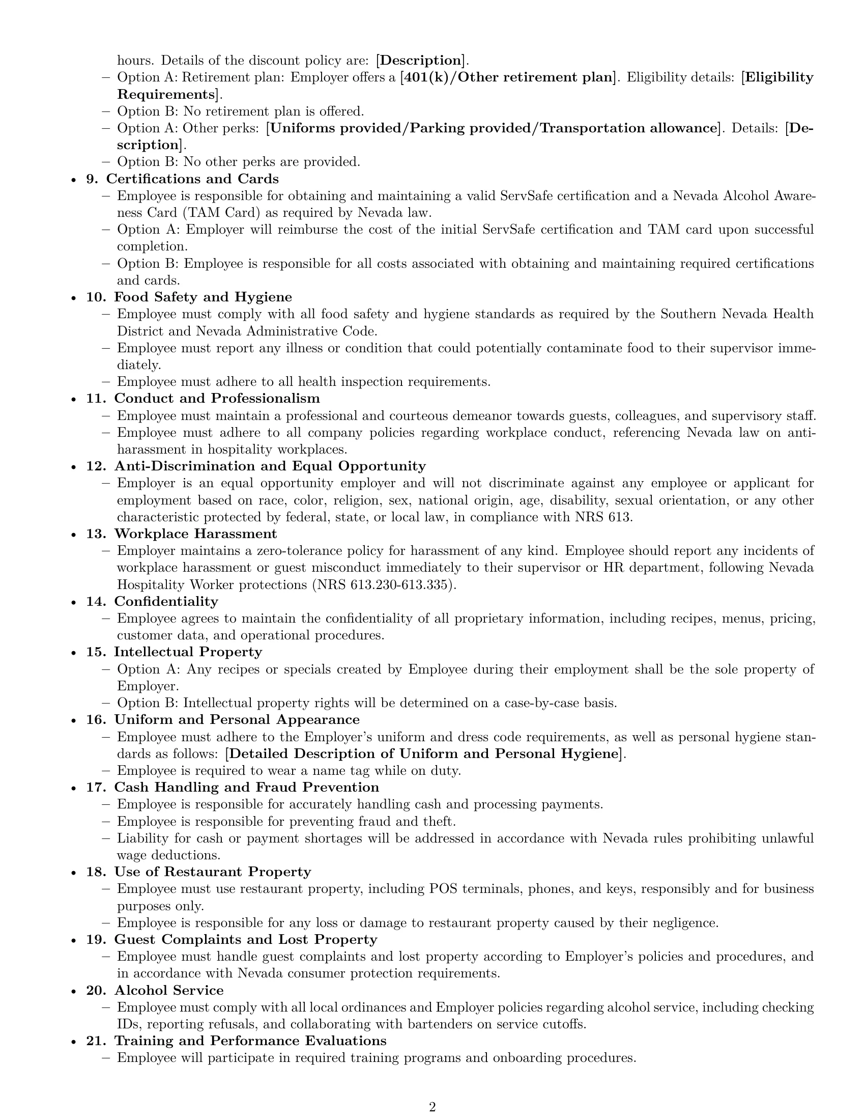 Preview page 2 of Free Nevada restaurant server employment contract template