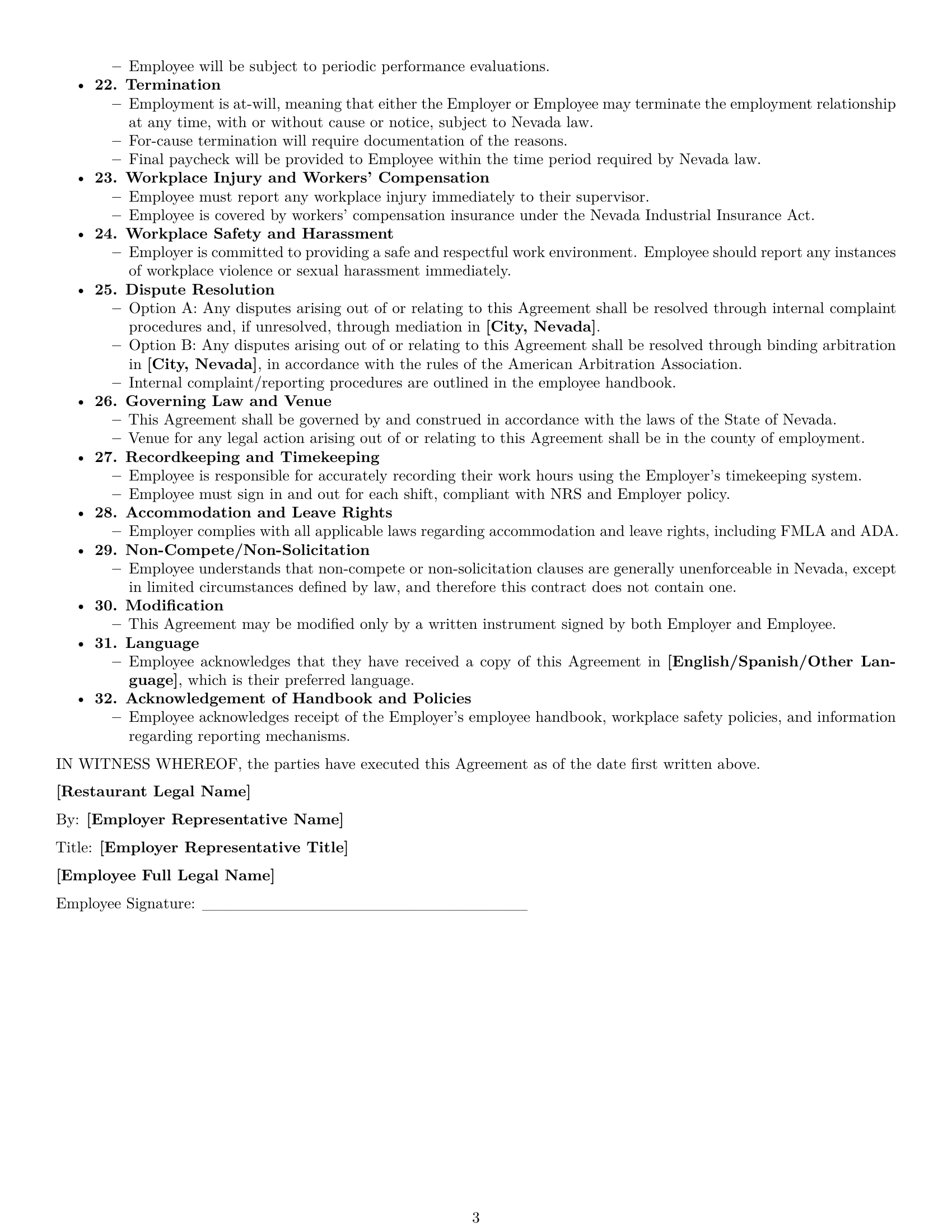 Preview page 3 of Free Nevada restaurant server employment contract template
