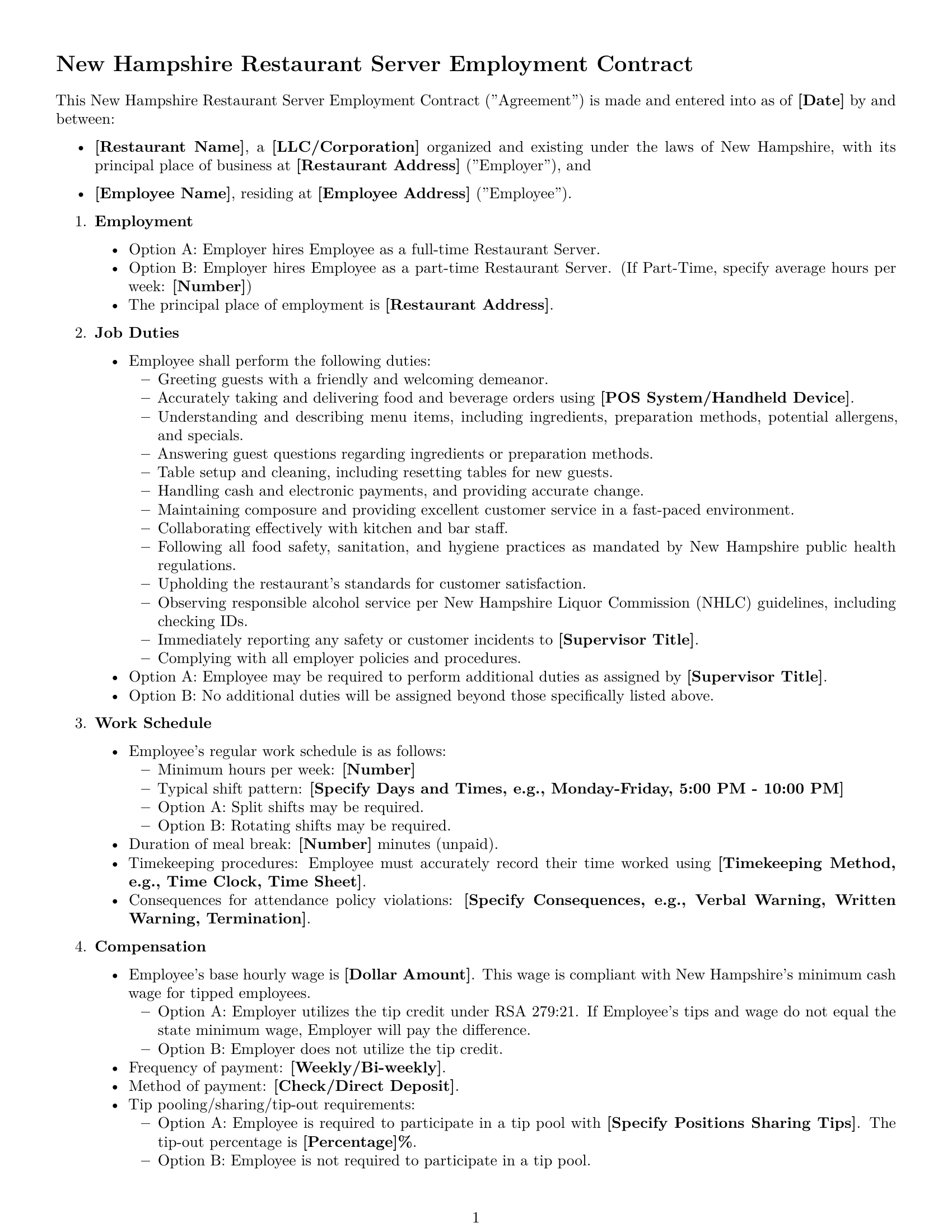 Preview page 1 of Free New Hampshire restaurant server employment contract template