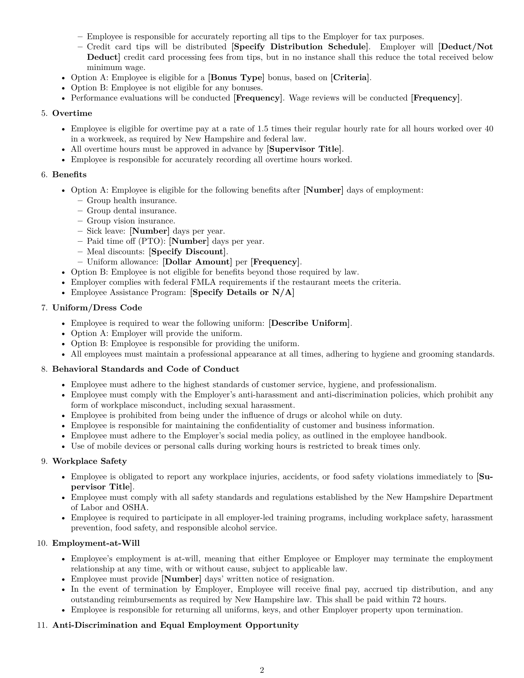 Preview page 2 of Free New Hampshire restaurant server employment contract template