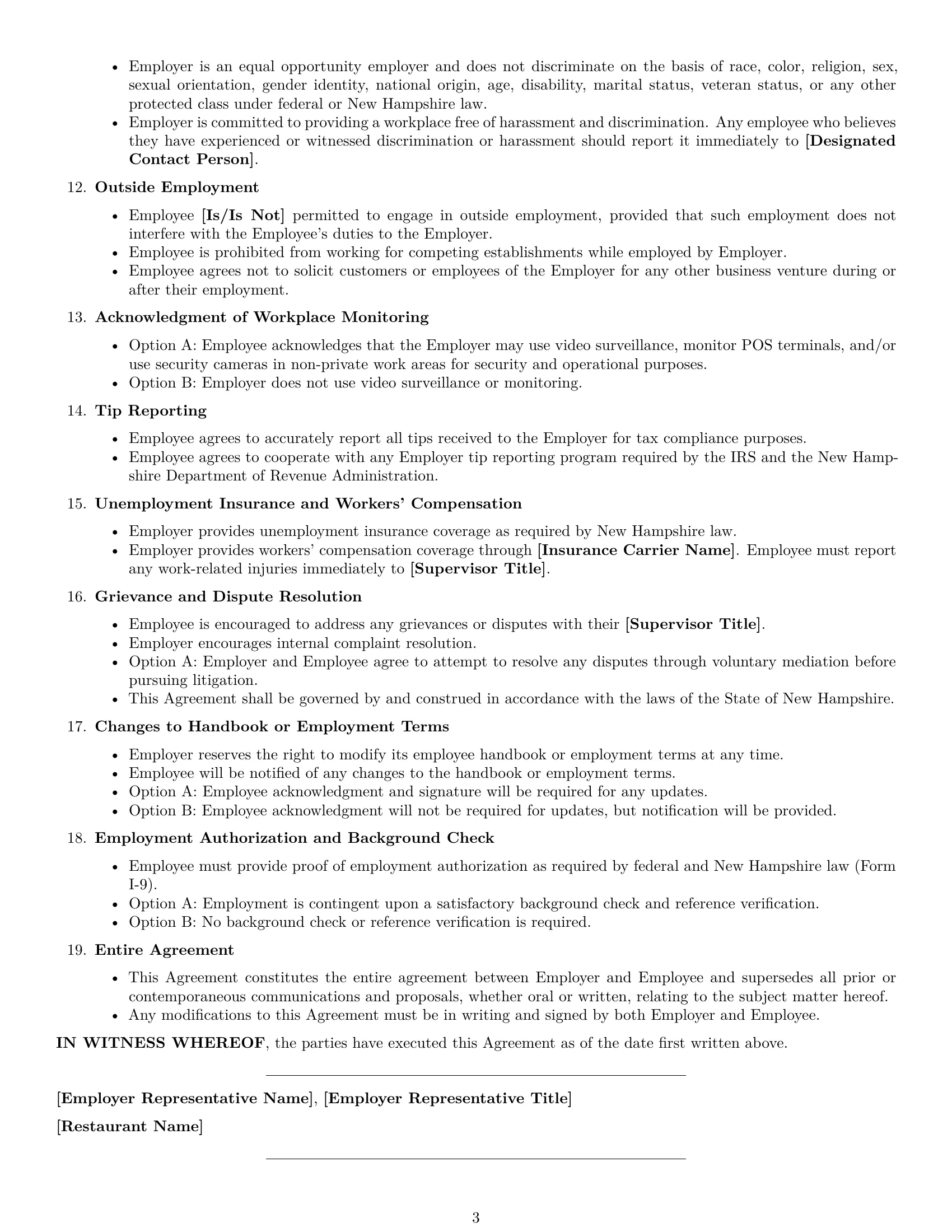 Preview page 3 of Free New Hampshire restaurant server employment contract template