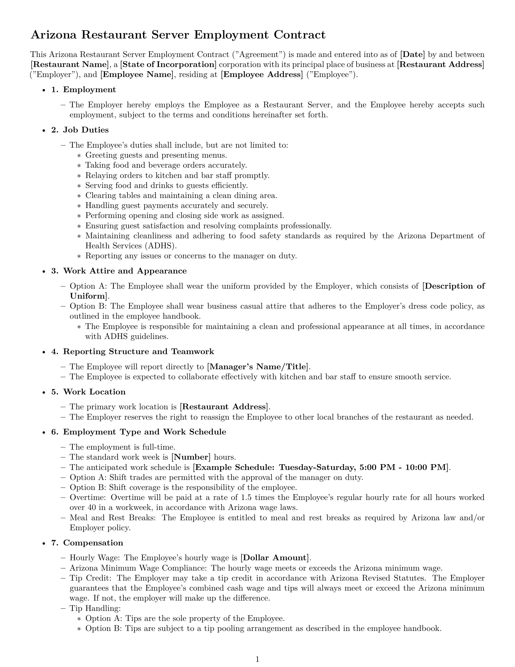 Preview page 1 of Free Arizona restaurant server employment contract template
