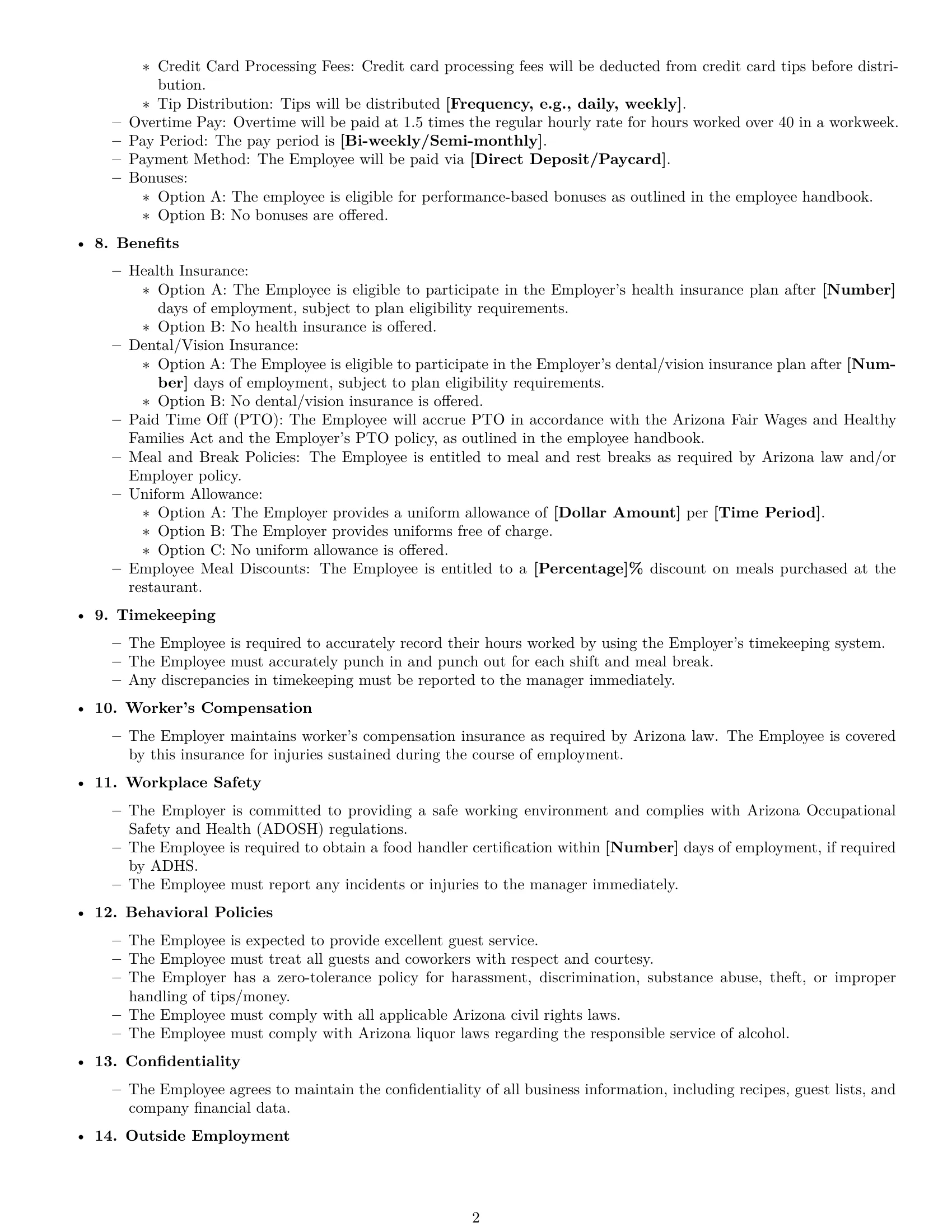 Preview page 2 of Free Arizona restaurant server employment contract template