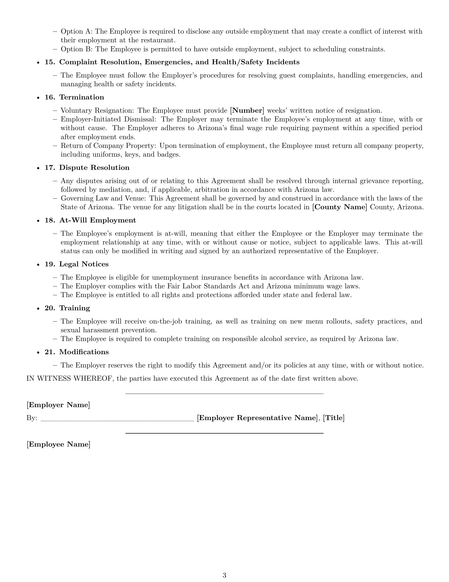 Preview page 3 of Free Arizona restaurant server employment contract template
