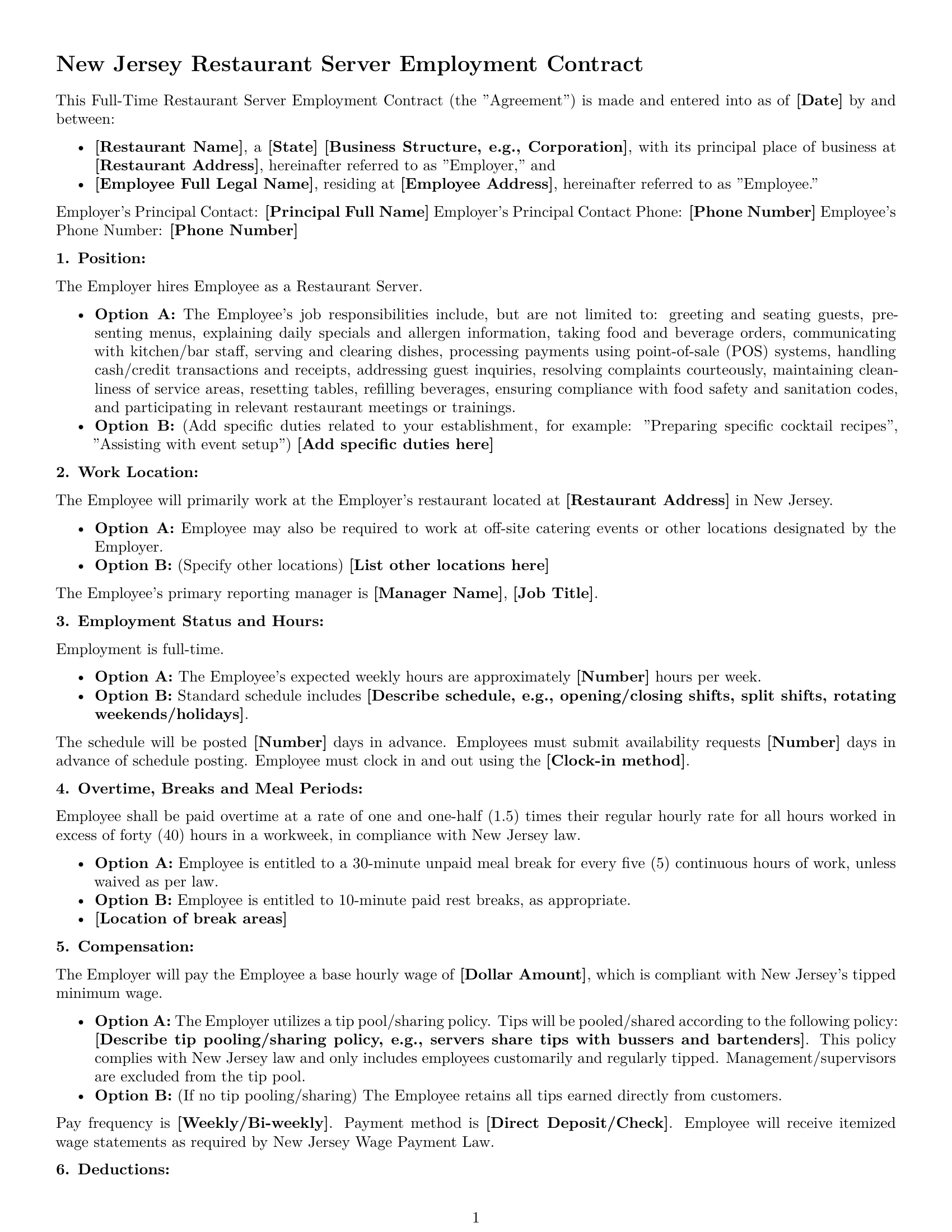 Preview page 1 of Free New Jersey restaurant server employment contract template