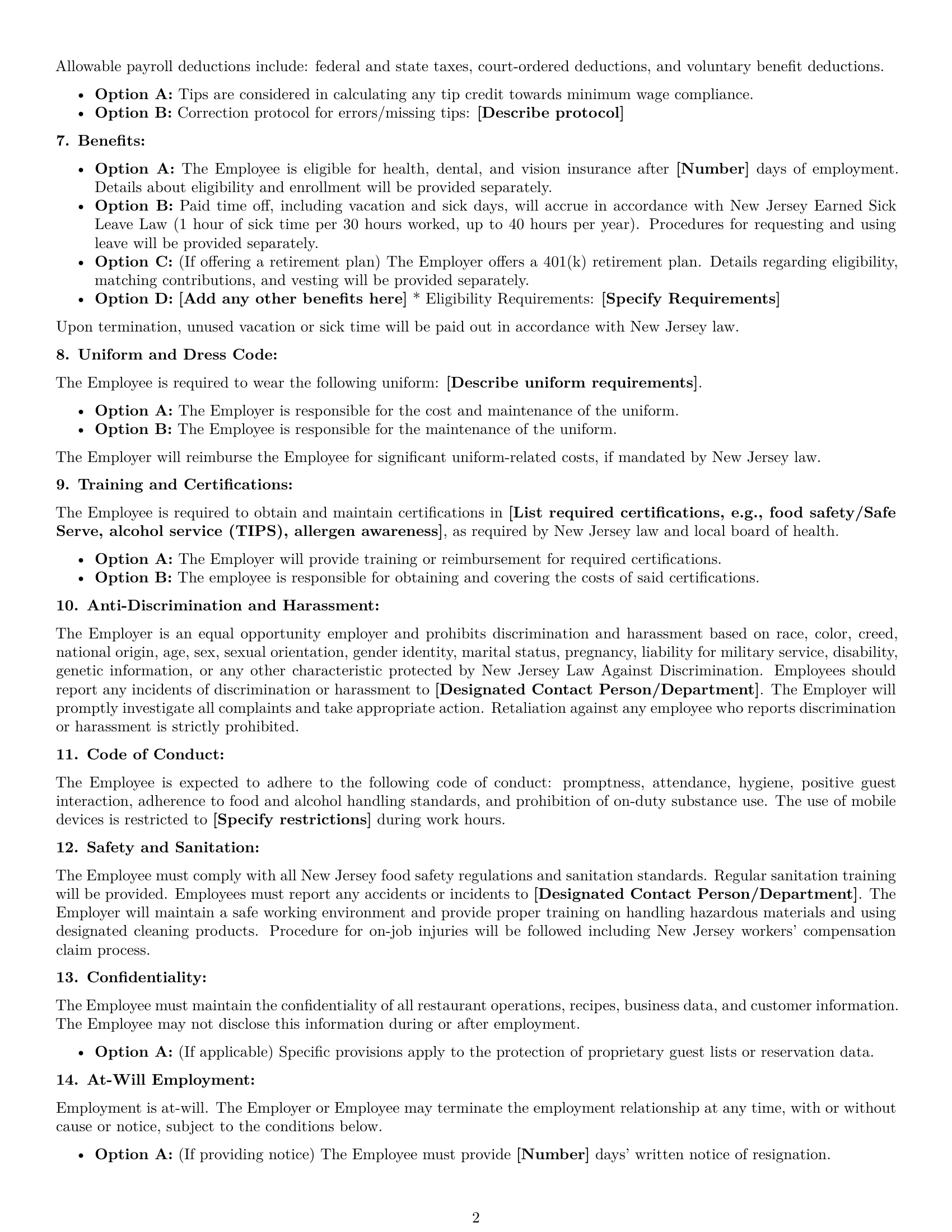 Preview page 2 of Free New Jersey restaurant server employment contract template