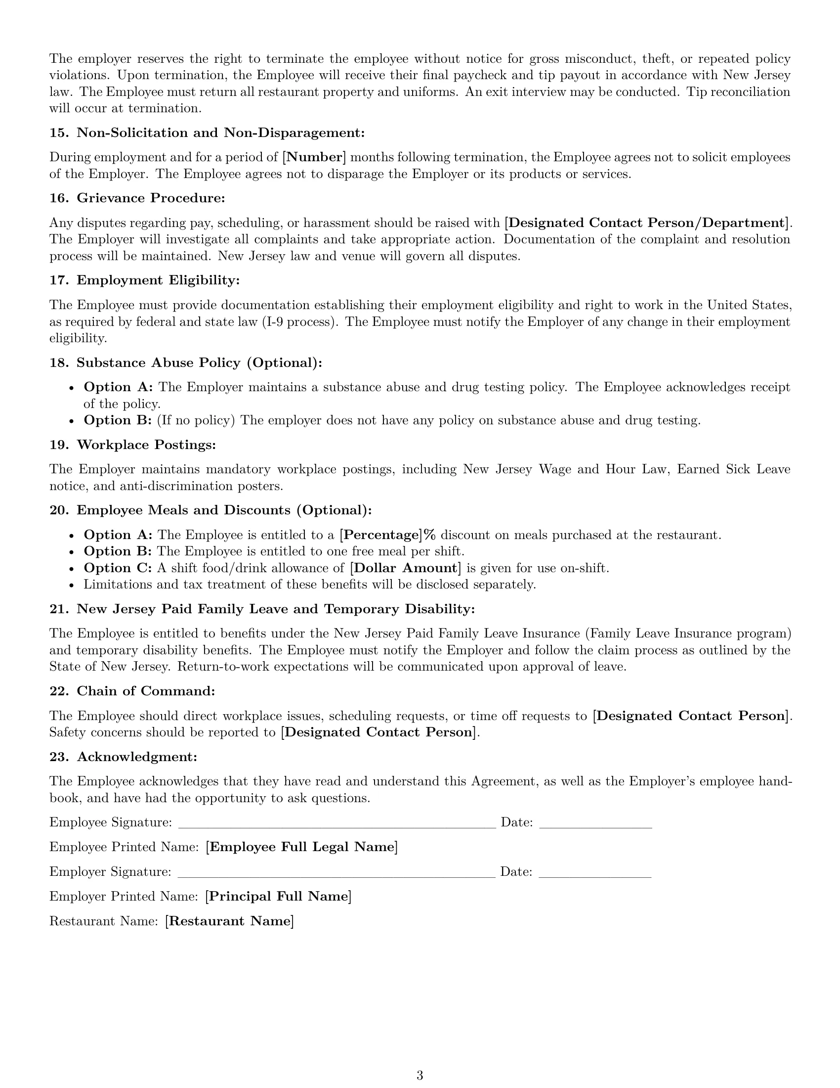 Preview page 3 of Free New Jersey restaurant server employment contract template