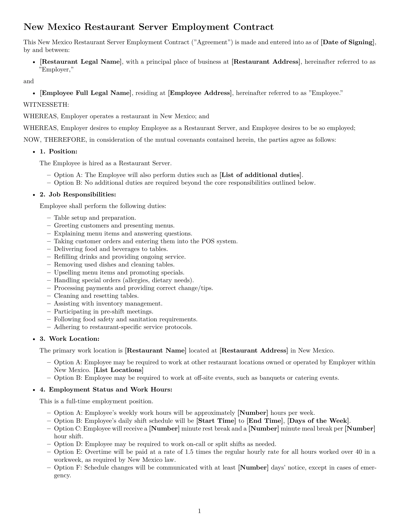 Preview page 1 of Free New Mexico restaurant server employment contract template