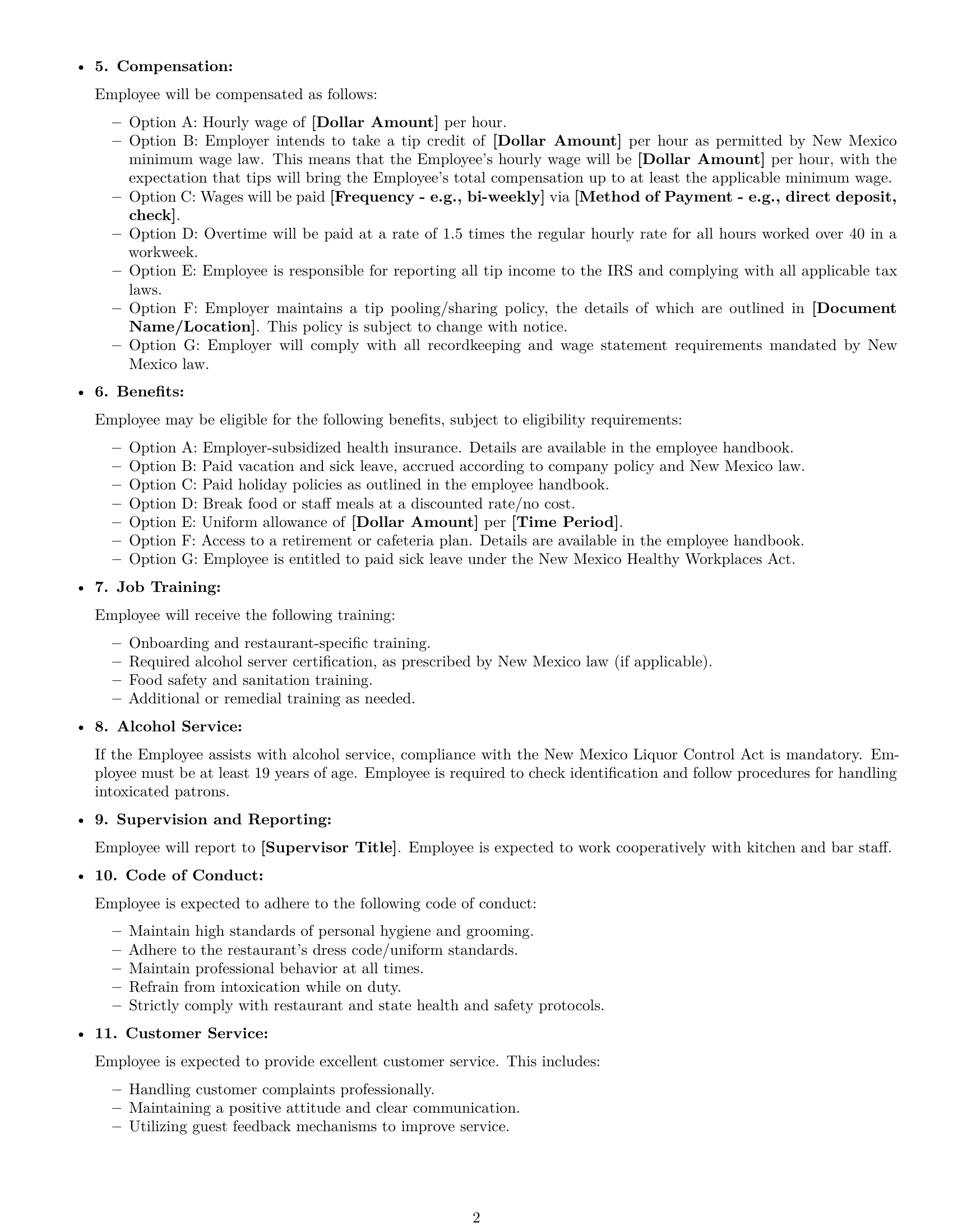 Preview page 2 of Free New Mexico restaurant server employment contract template