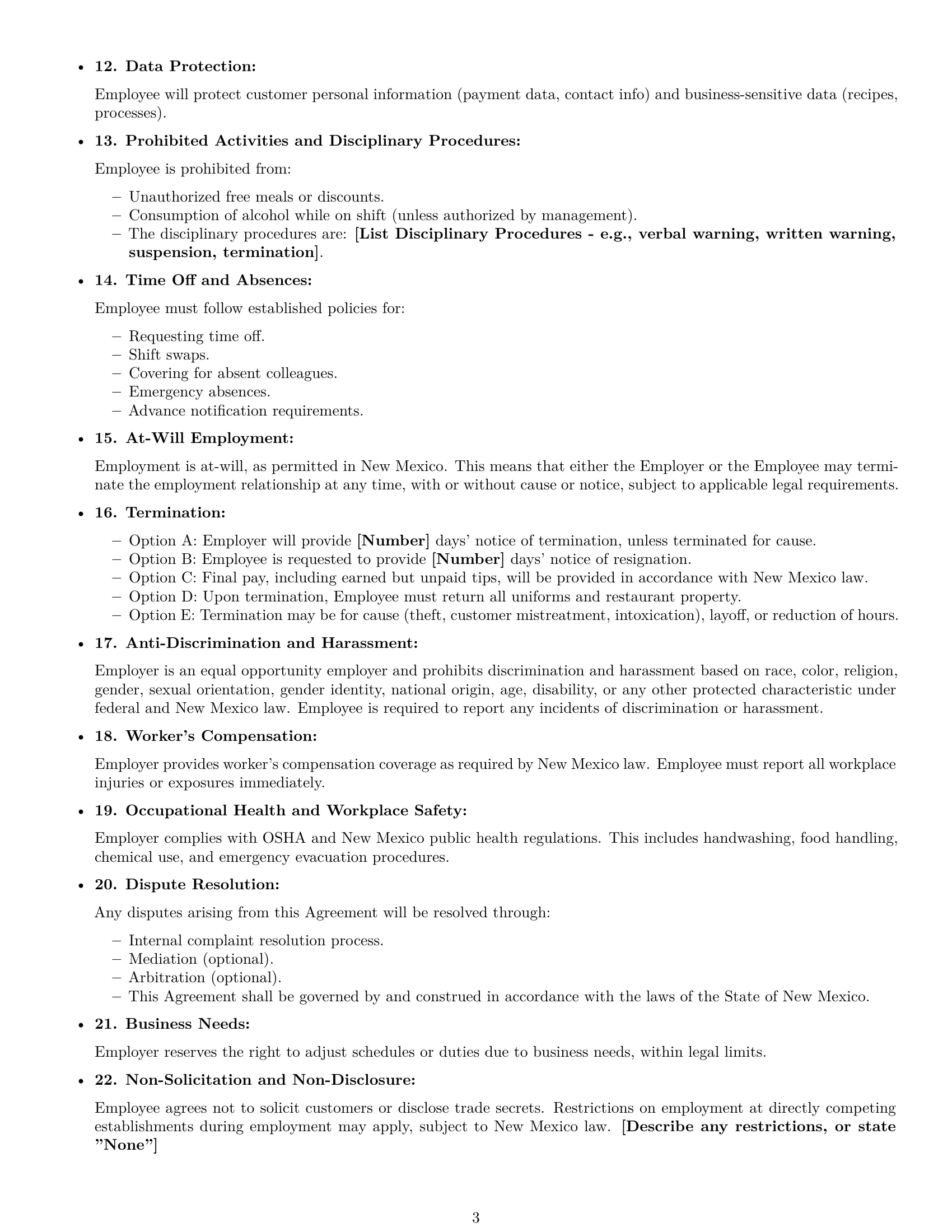 Preview page 3 of Free New Mexico restaurant server employment contract template