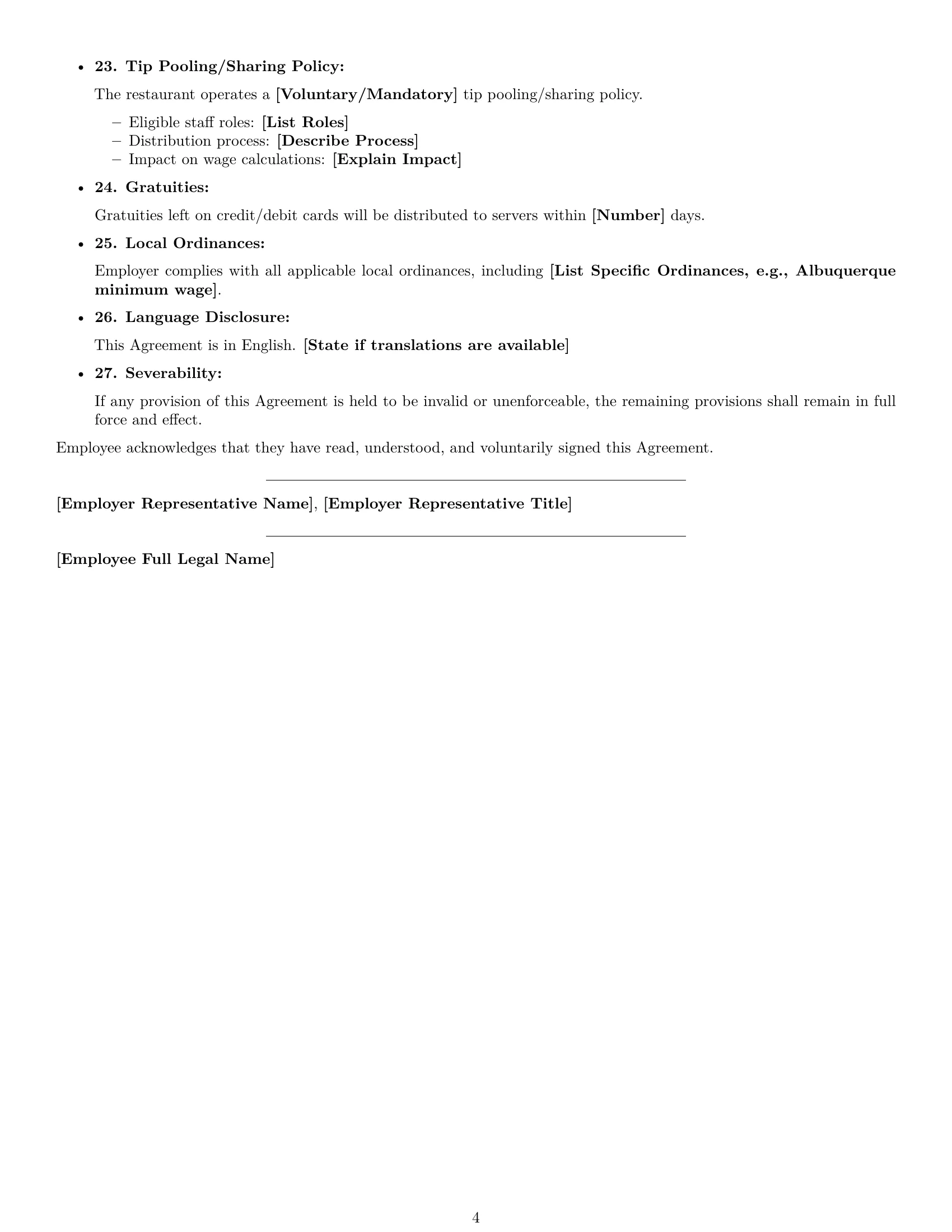 Preview page 4 of Free New Mexico restaurant server employment contract template