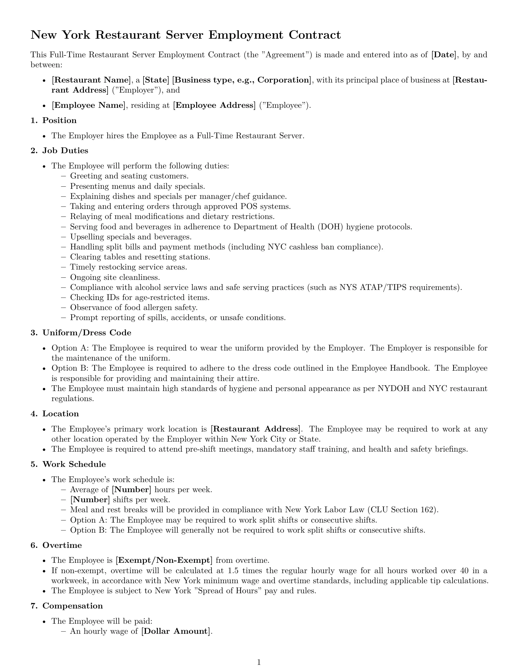 Preview page 1 of Free New York restaurant server employment contract template