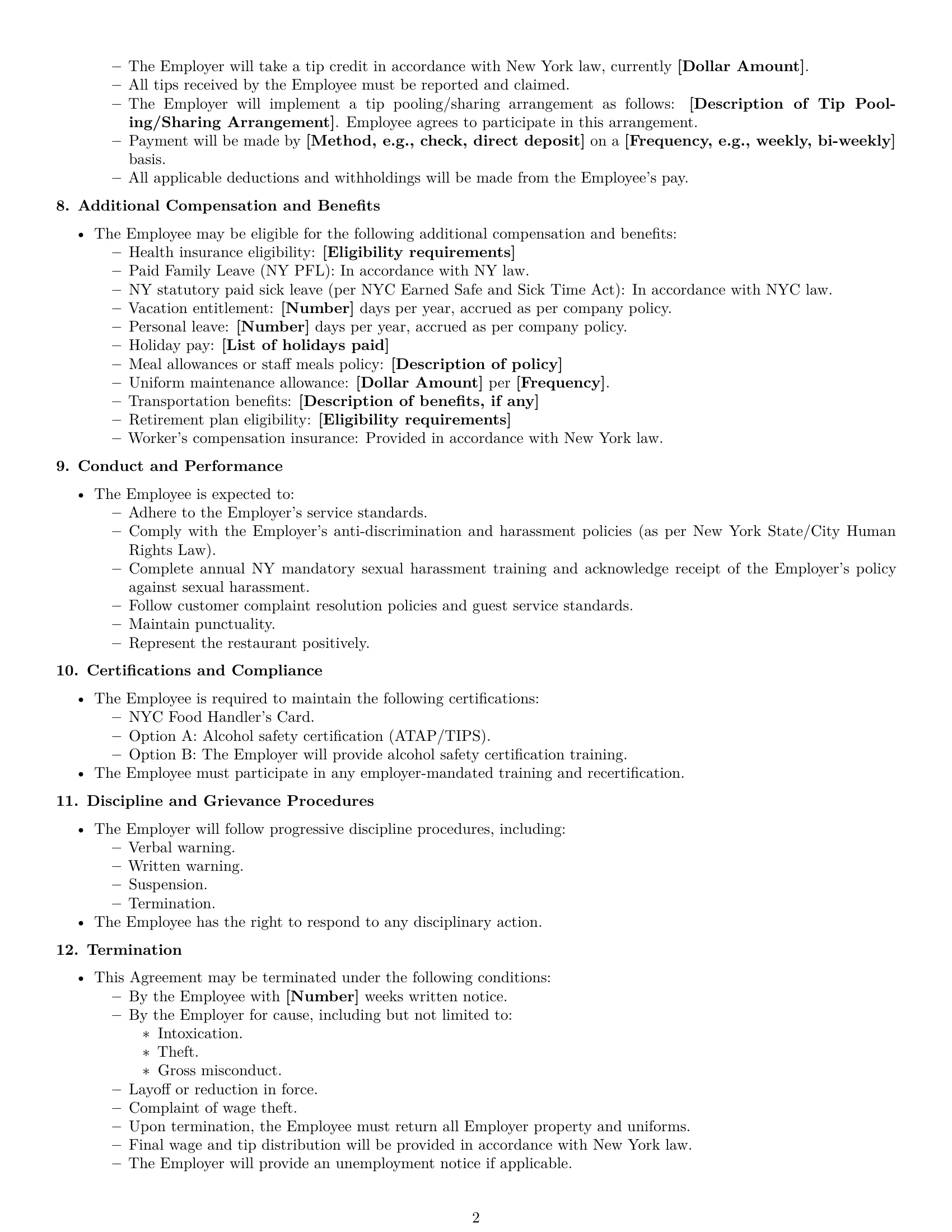 Preview page 2 of Free New York restaurant server employment contract template