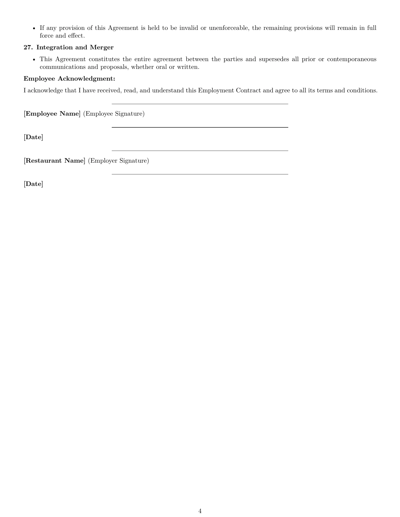 Preview page 4 of Free New York restaurant server employment contract template