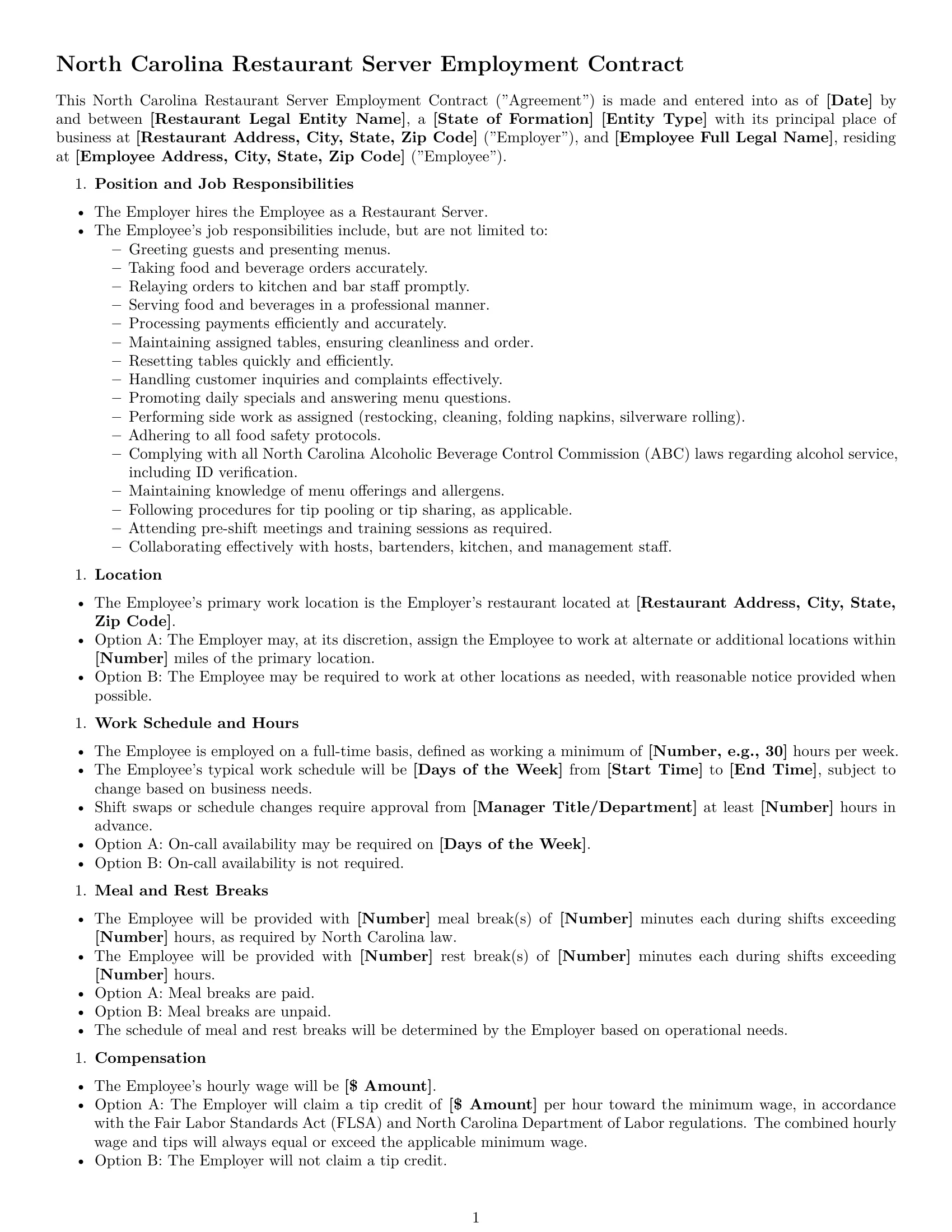 Preview page 1 of Free North Carolina restaurant server employment contract template