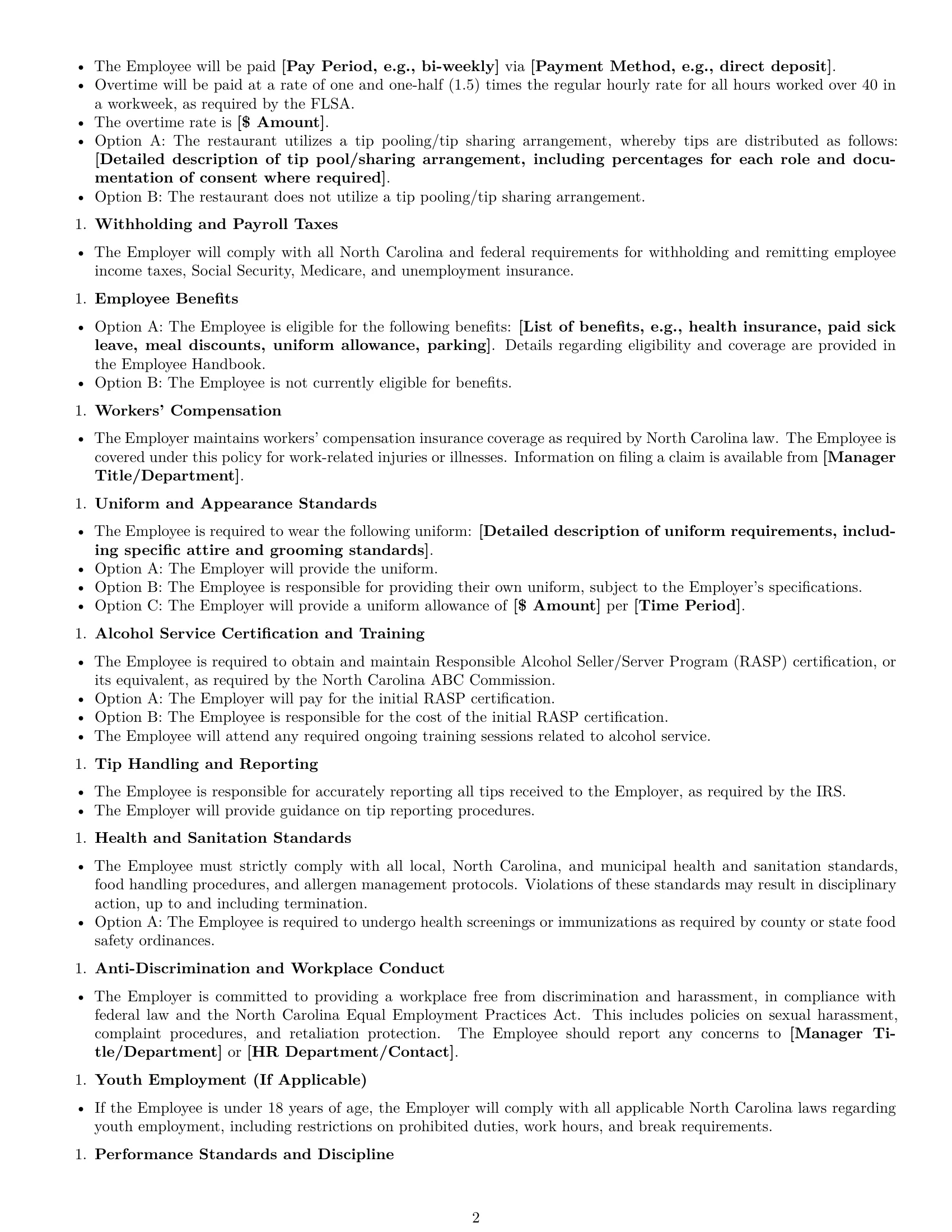 Preview page 2 of Free North Carolina restaurant server employment contract template