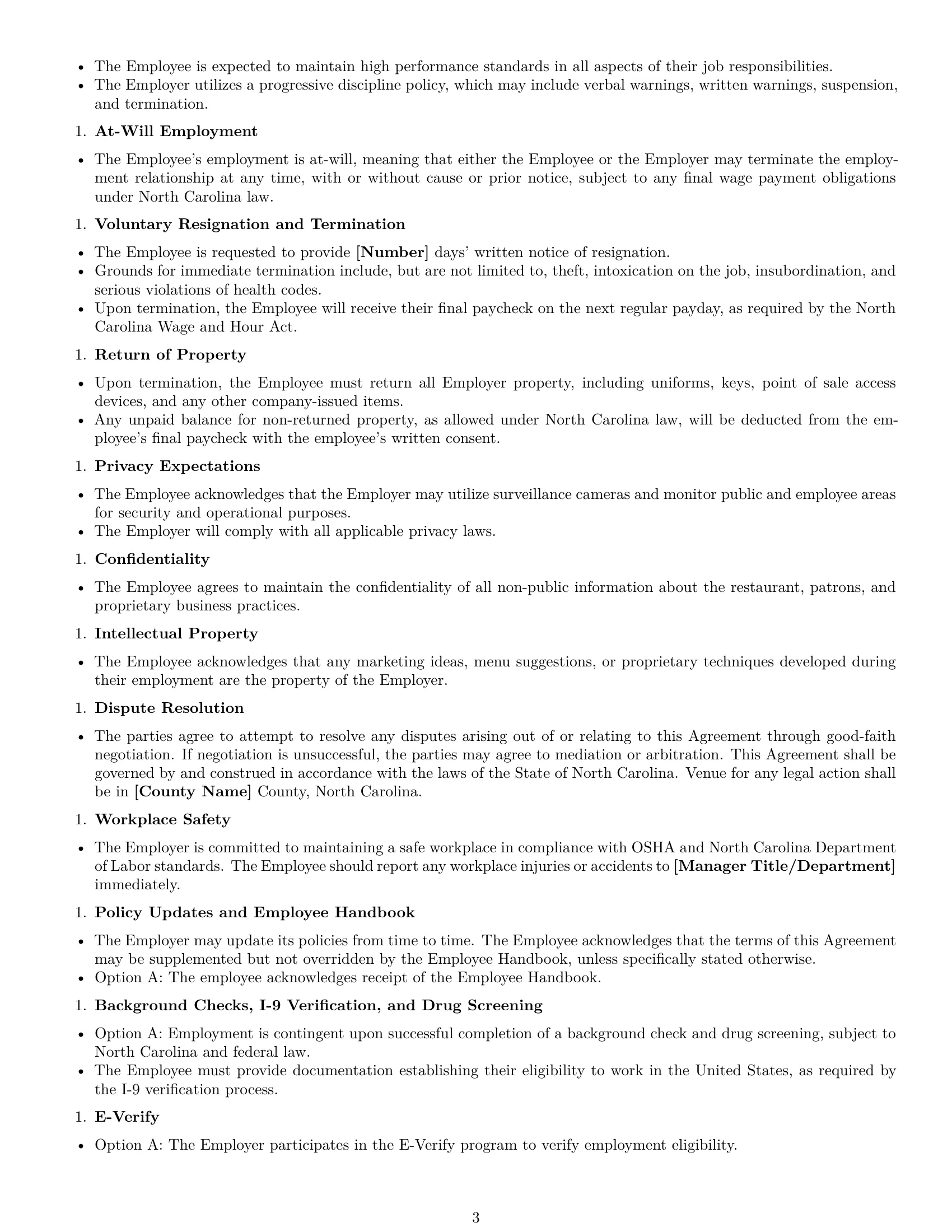 Preview page 3 of Free North Carolina restaurant server employment contract template