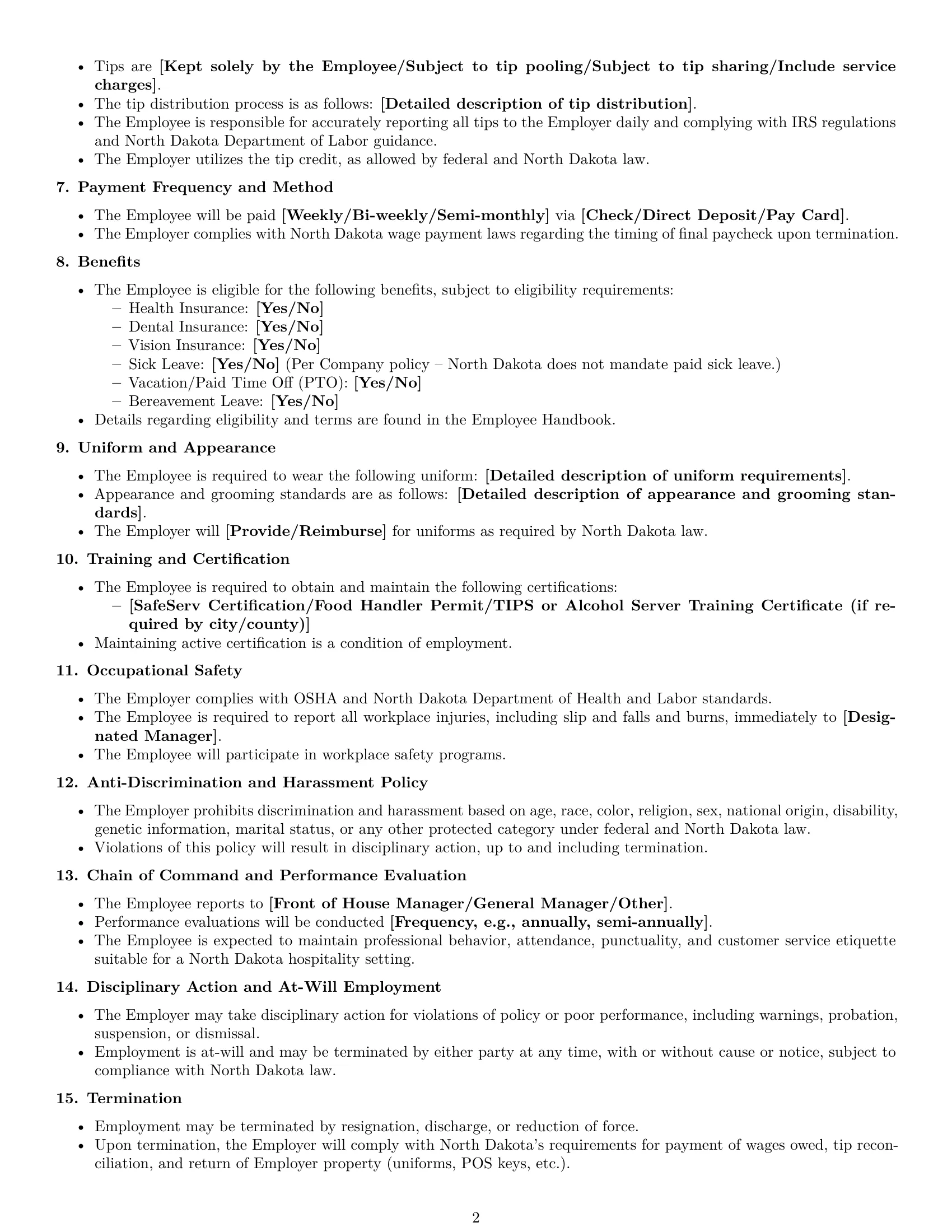 Preview page 2 of Free North Dakota restaurant server employment contract template
