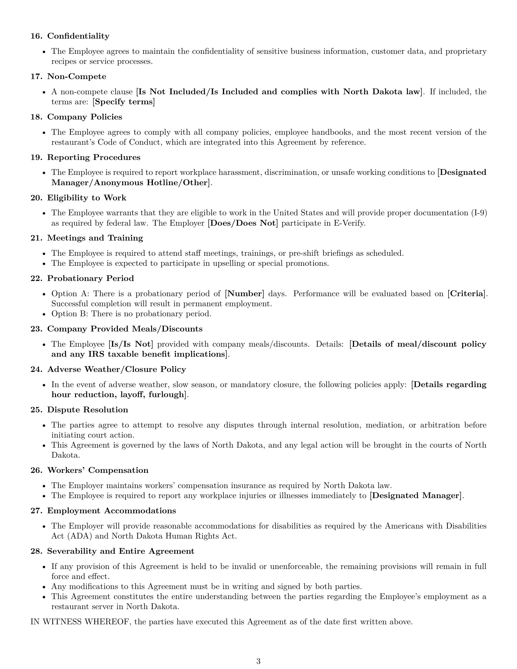 Preview page 3 of Free North Dakota restaurant server employment contract template