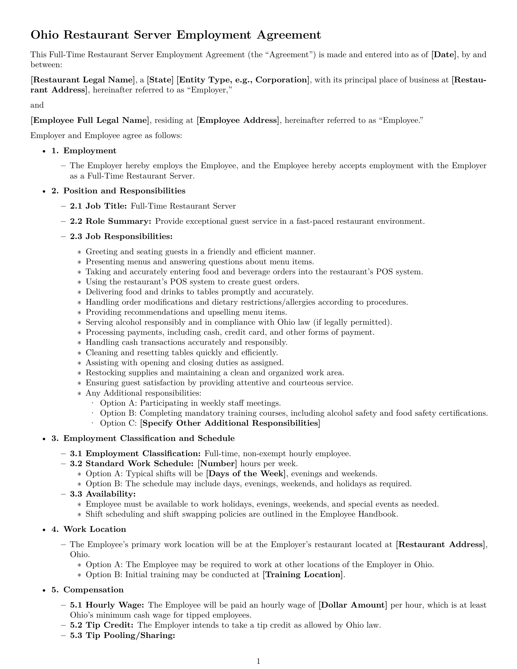 Preview page 1 of Free Ohio restaurant server employment contract template