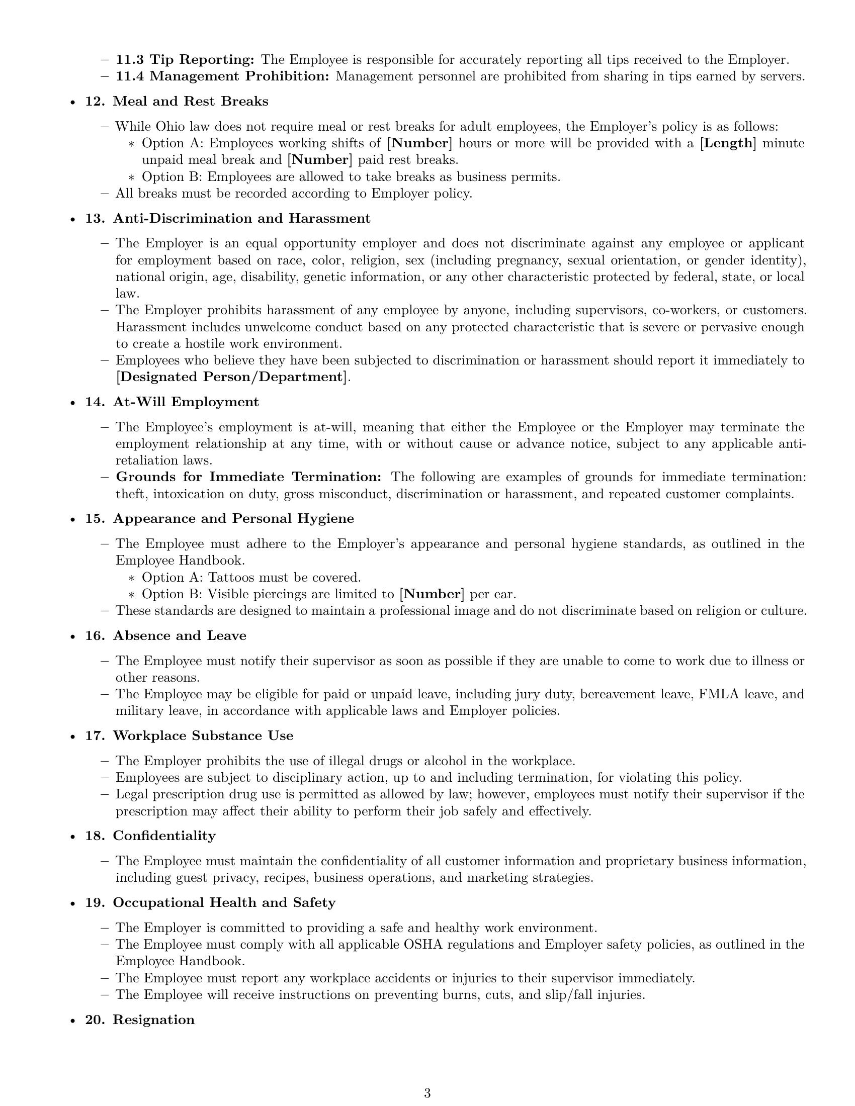 Preview page 3 of Free Ohio restaurant server employment contract template