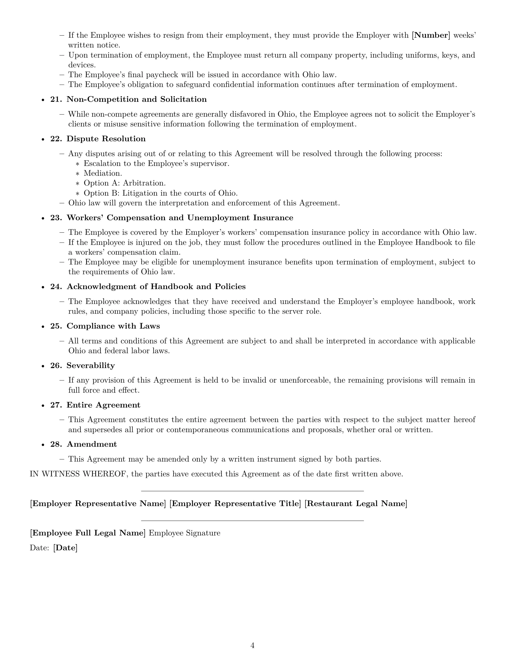 Preview page 4 of Free Ohio restaurant server employment contract template