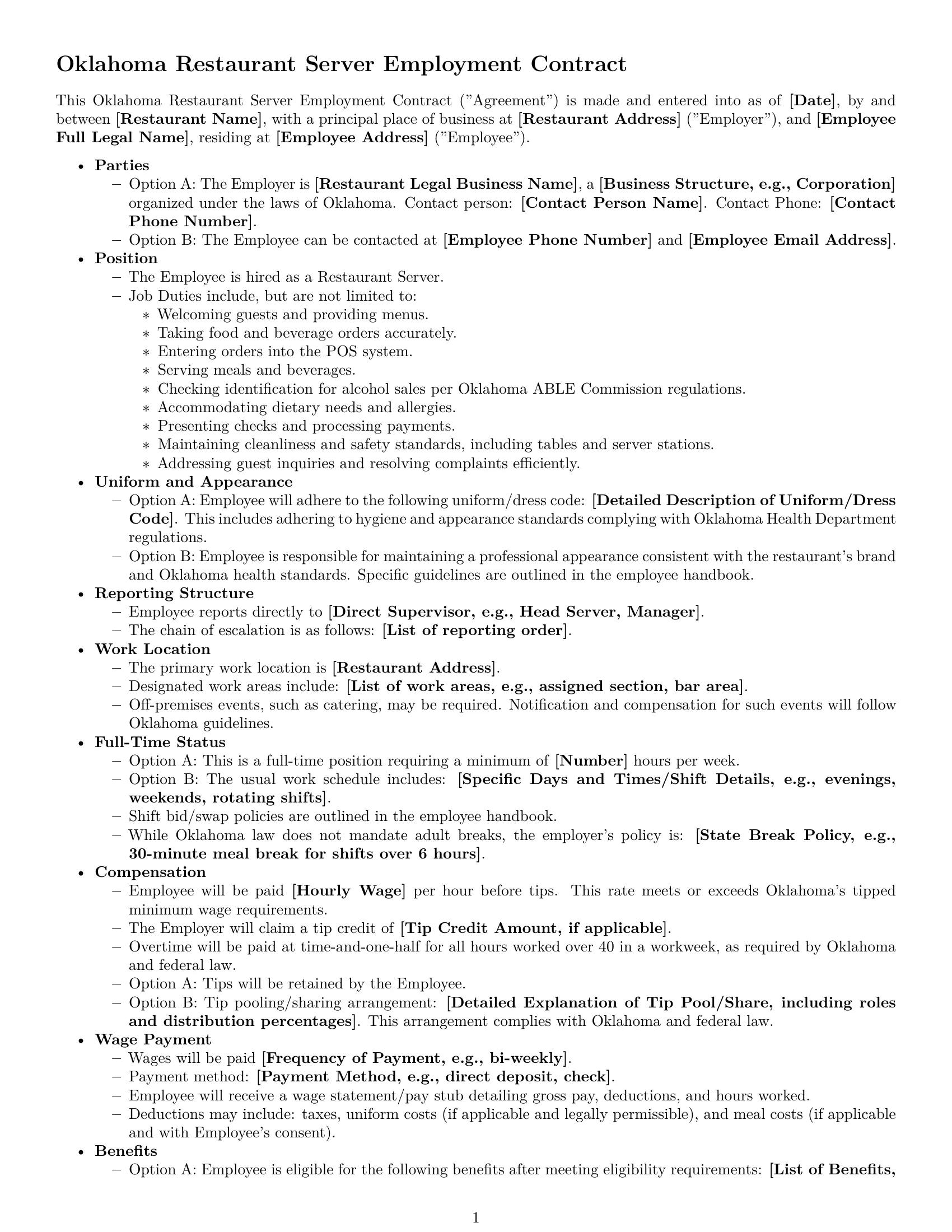 Preview page 1 of Free Oklahoma restaurant server employment contract template