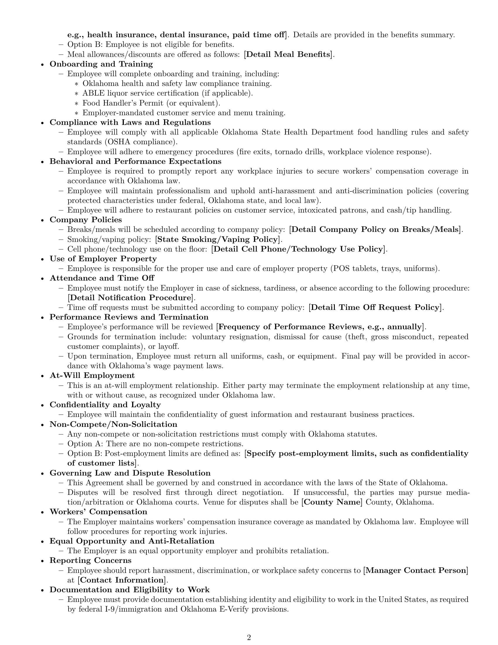 Preview page 2 of Free Oklahoma restaurant server employment contract template