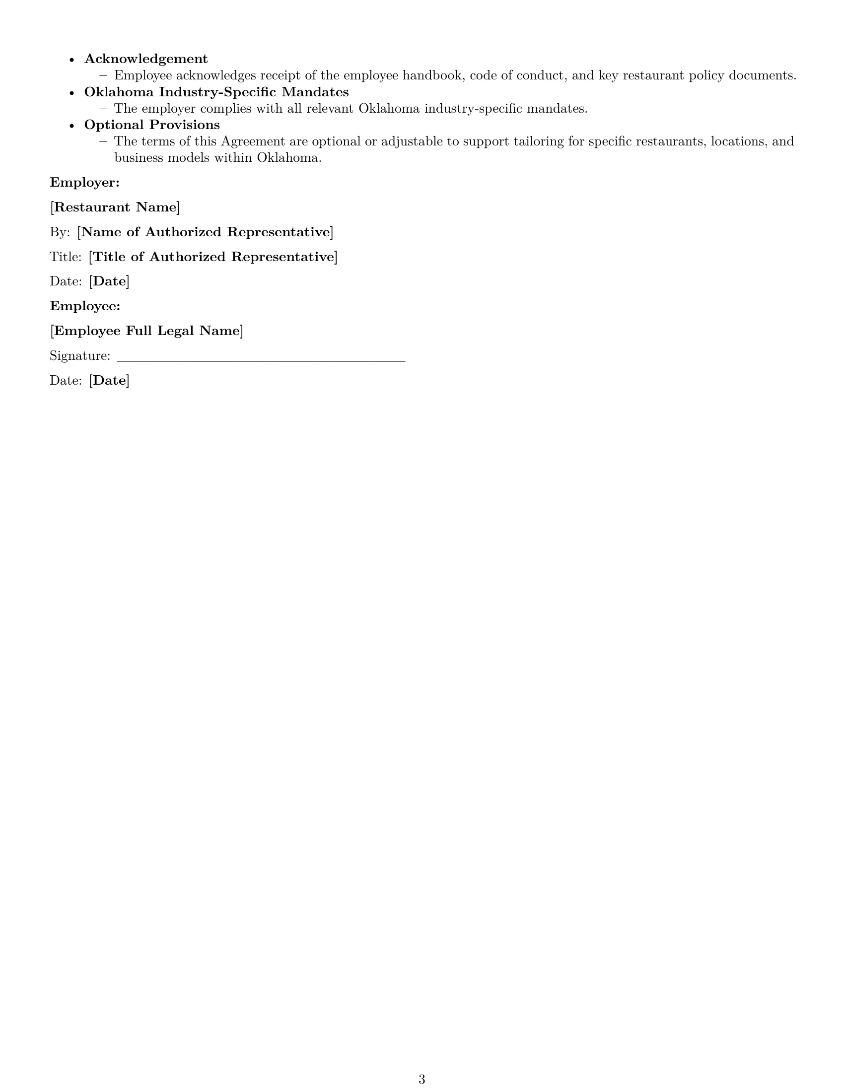 Preview page 3 of Free Oklahoma restaurant server employment contract template