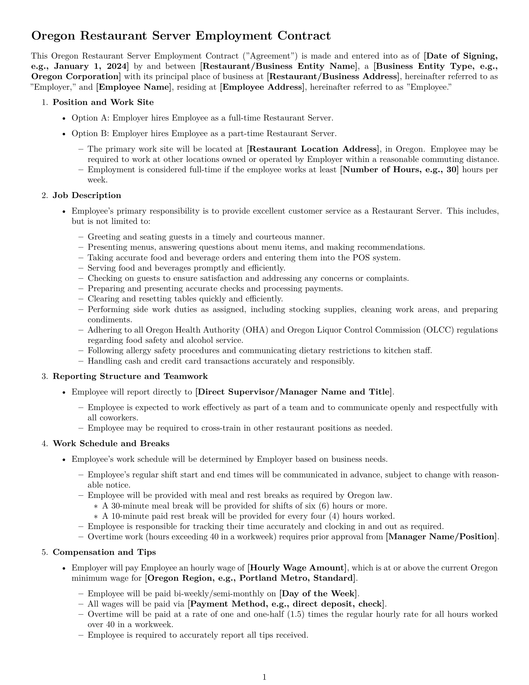 Preview page 1 of Free Oregon restaurant server employment contract template
