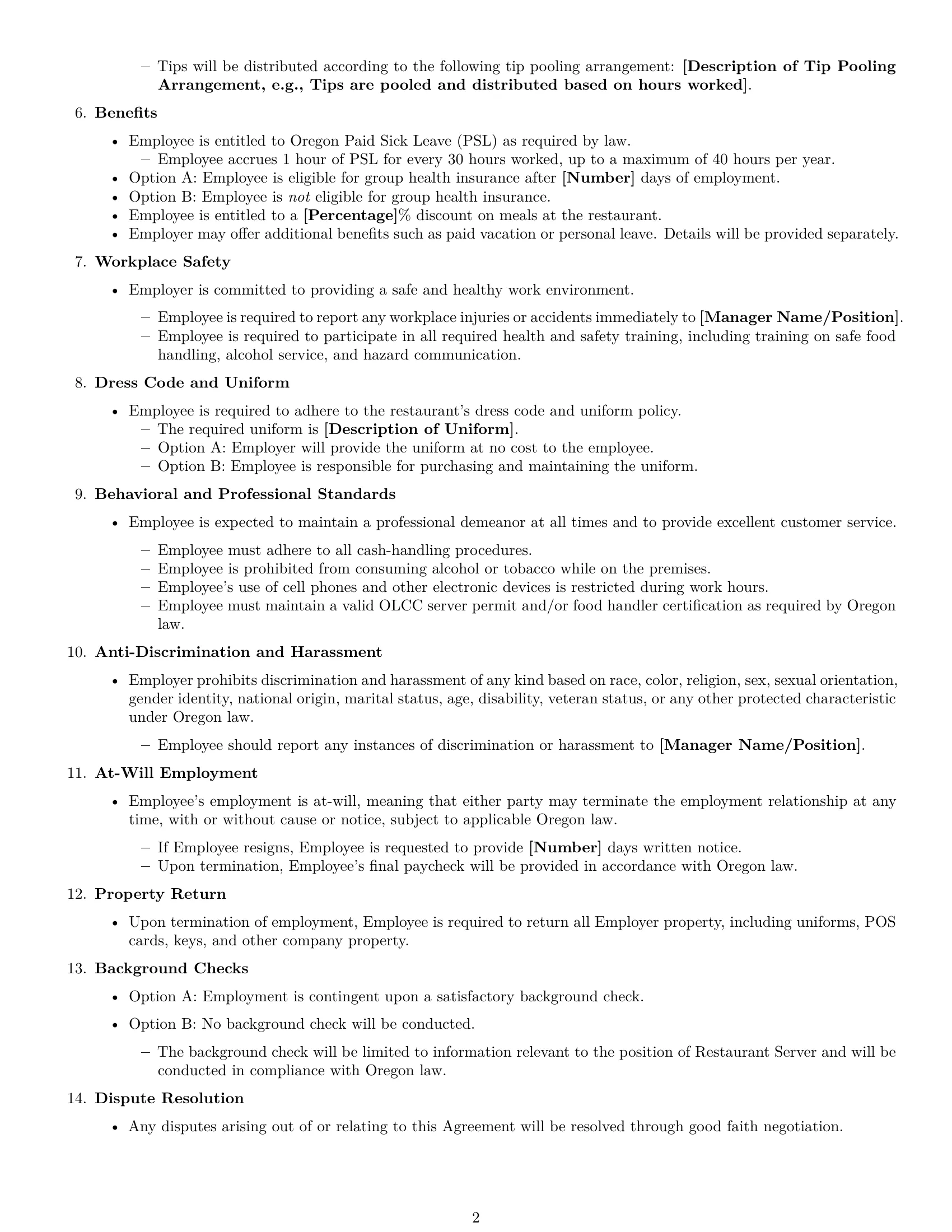 Preview page 2 of Free Oregon restaurant server employment contract template