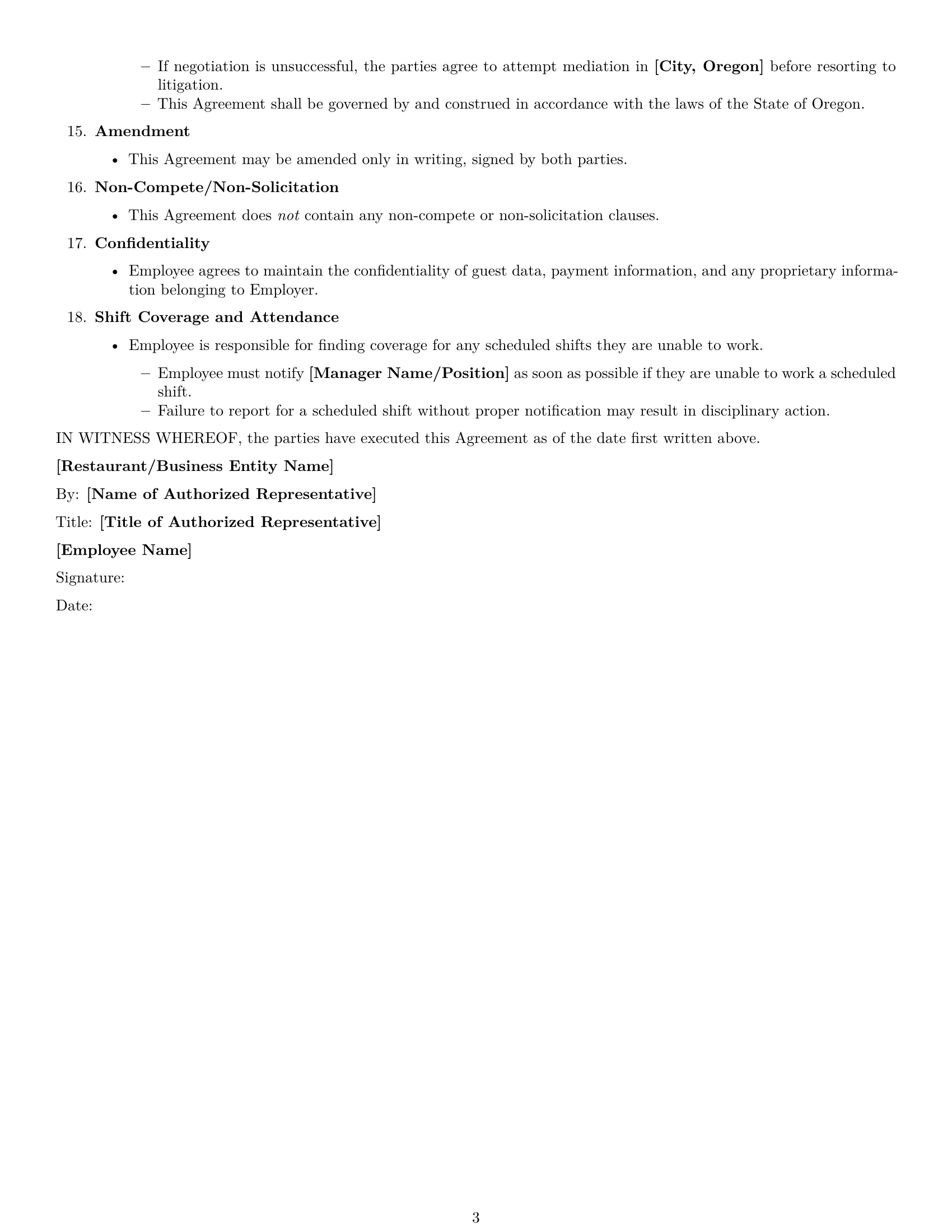 Preview page 3 of Free Oregon restaurant server employment contract template
