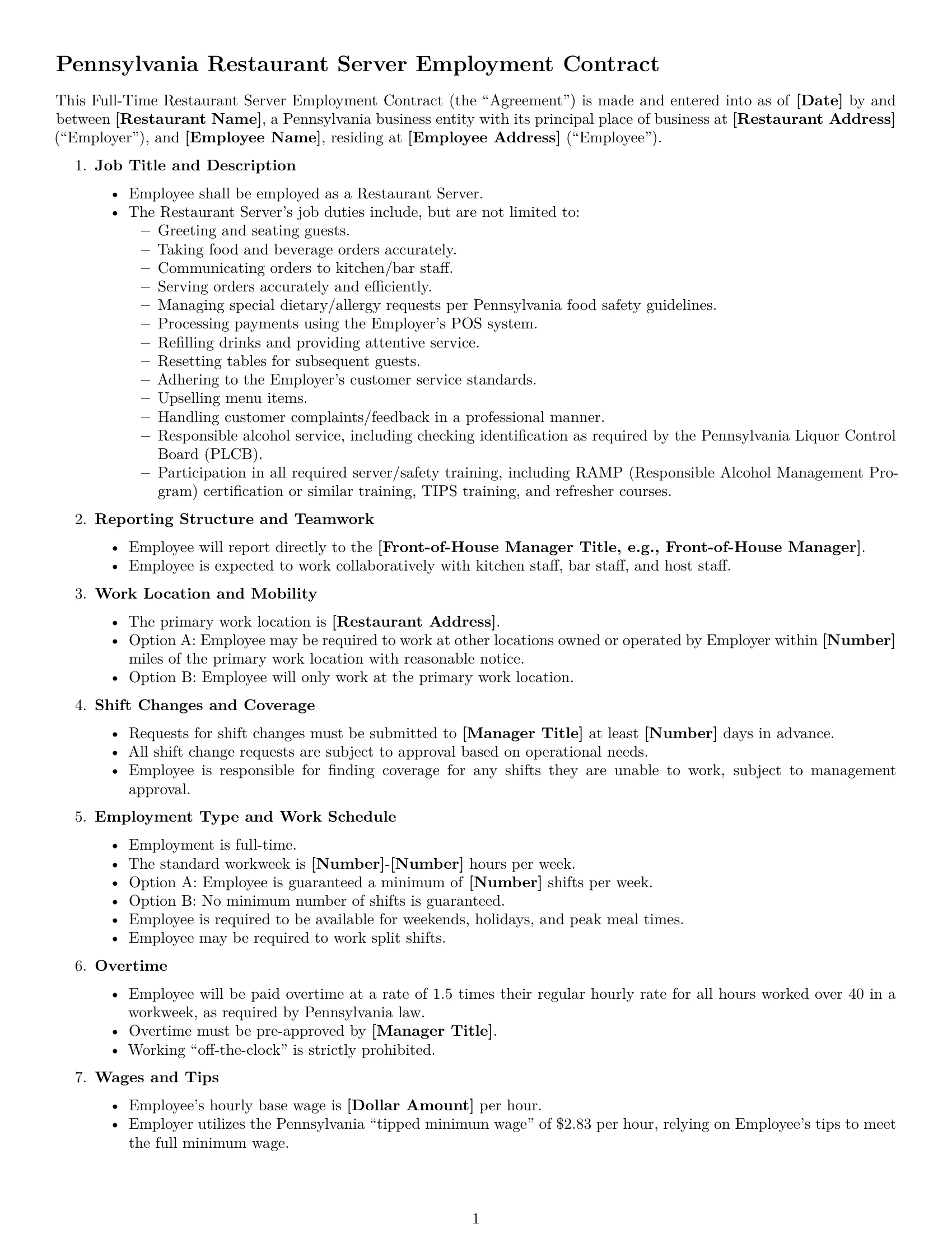 Preview page 1 of Free Pennsylvania restaurant server employment contract template