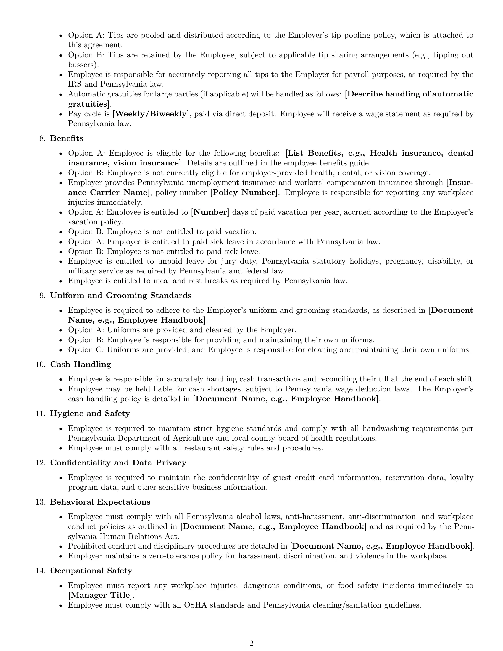 Preview page 2 of Free Pennsylvania restaurant server employment contract template
