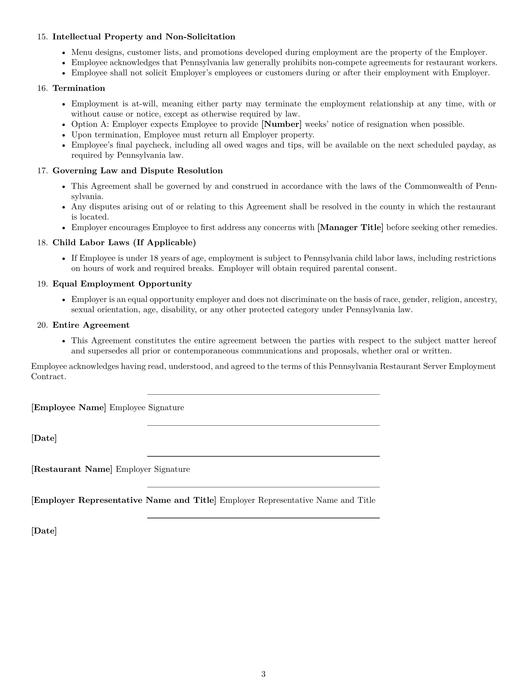Preview page 3 of Free Pennsylvania restaurant server employment contract template