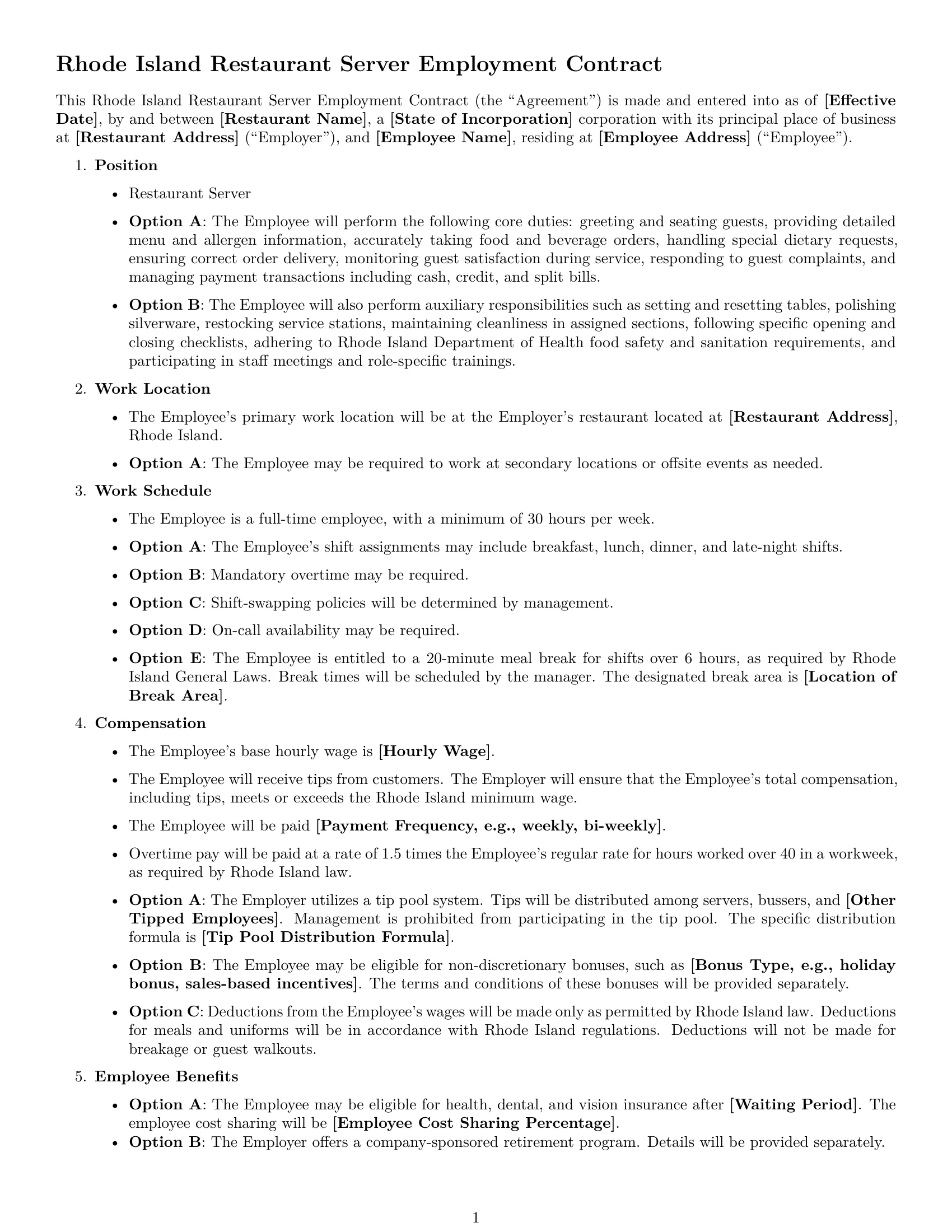 Preview page 1 of Free Rhode Island restaurant server employment contract template