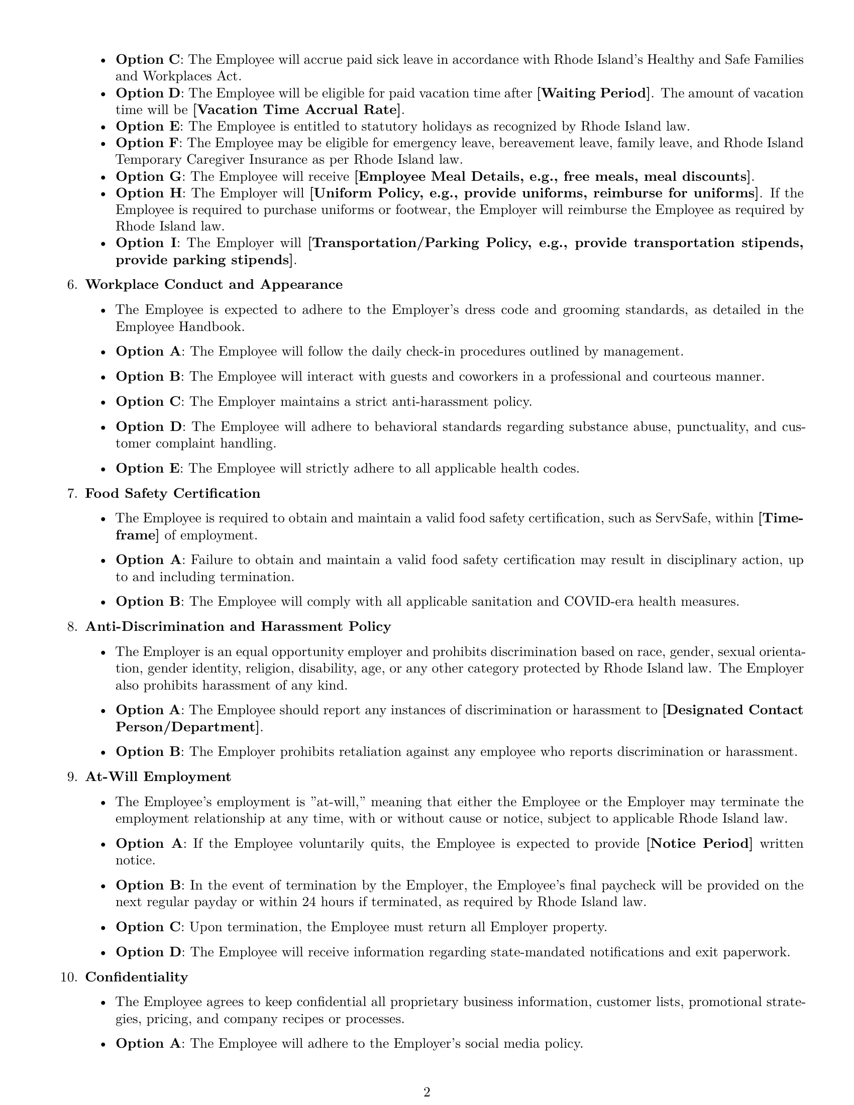 Preview page 2 of Free Rhode Island restaurant server employment contract template