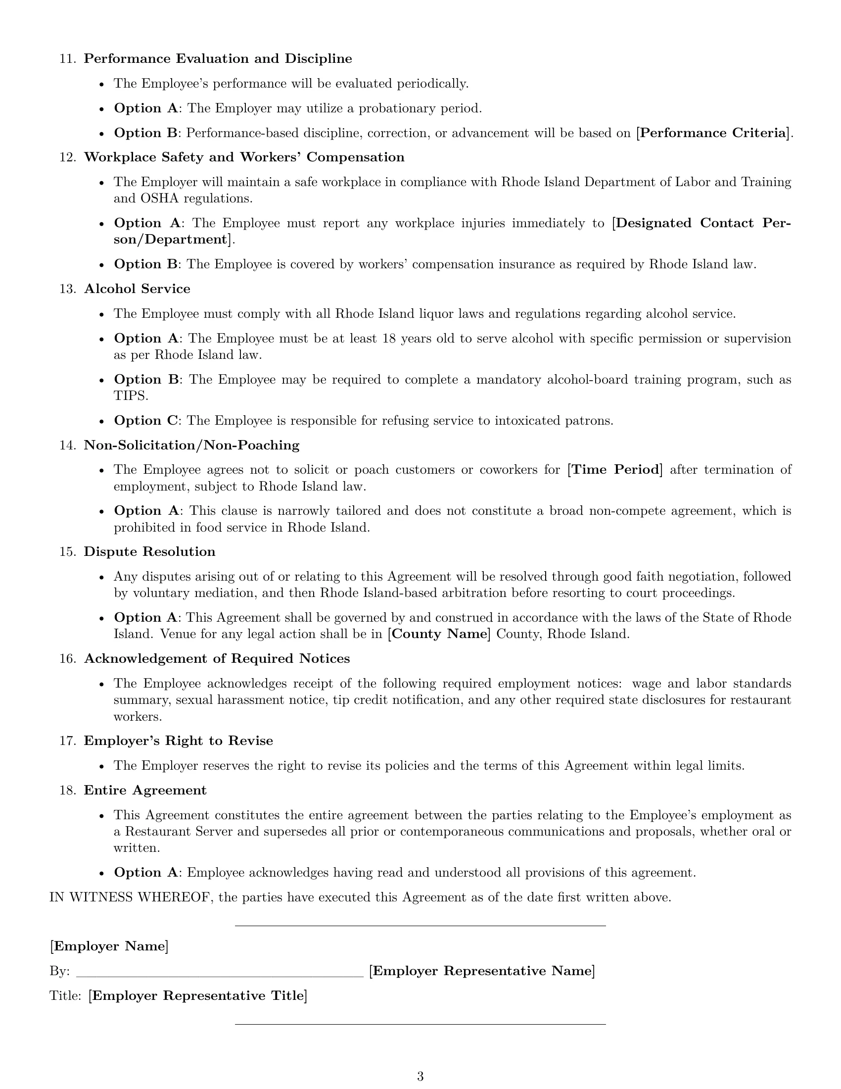Preview page 3 of Free Rhode Island restaurant server employment contract template