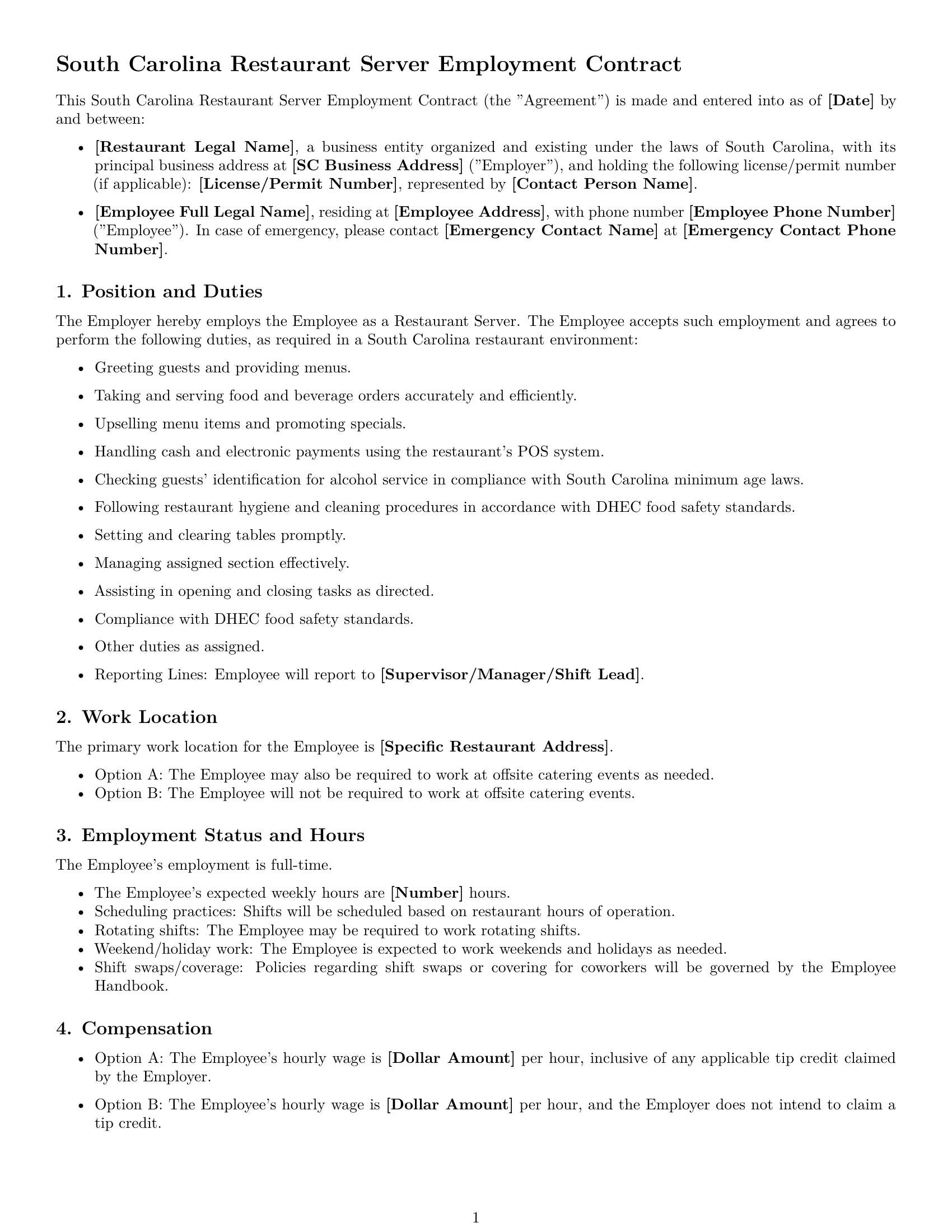 Preview page 1 of Free South Carolina restaurant server employment contract template
