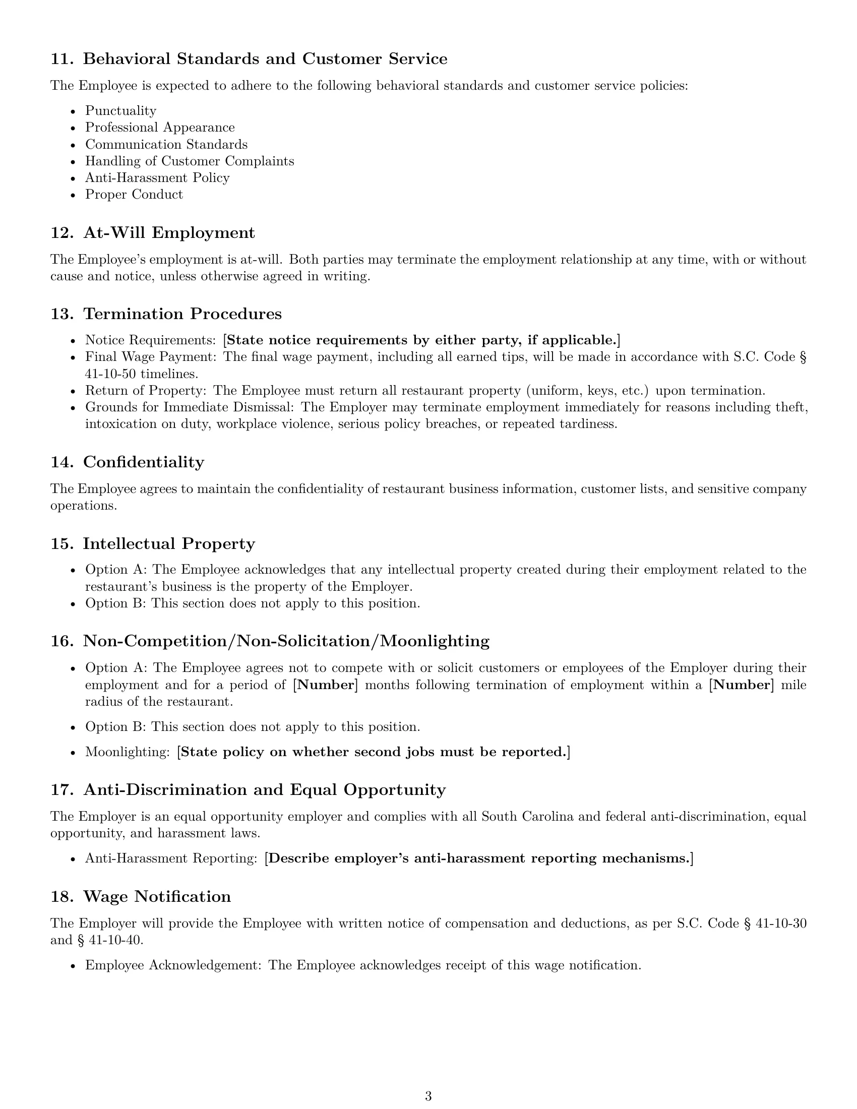 Preview page 3 of Free South Carolina restaurant server employment contract template