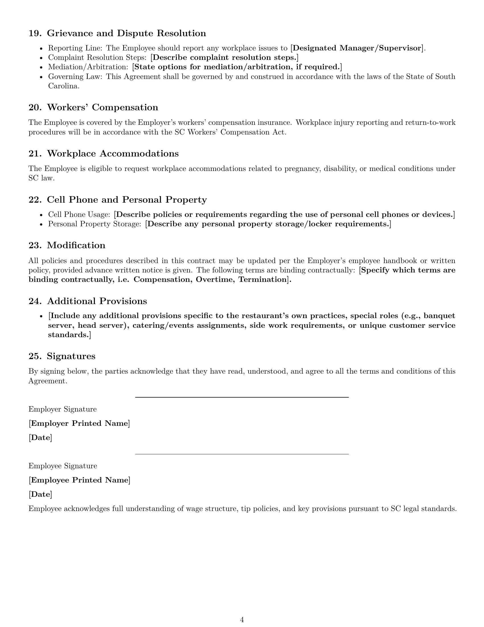 Preview page 4 of Free South Carolina restaurant server employment contract template